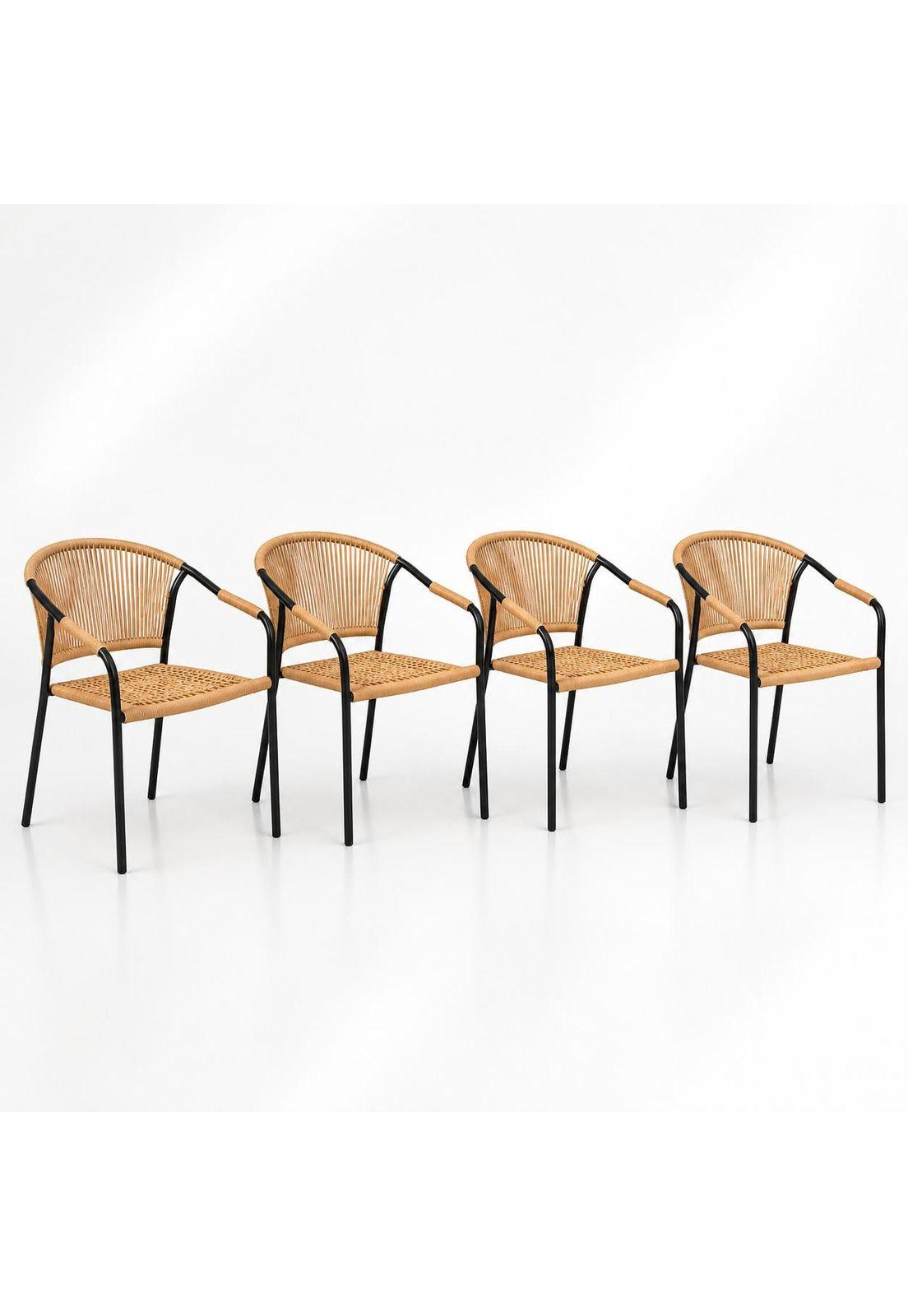 Pack de 4 Sillas FLET - Estructura Negra con Respaldo Encordado Beige-0