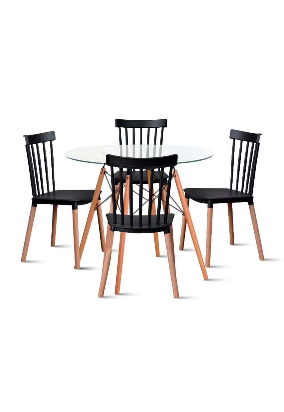 Comedor Mesa Redonda Vidrio 80cm + 4 Sillas Windsor Negras-0
