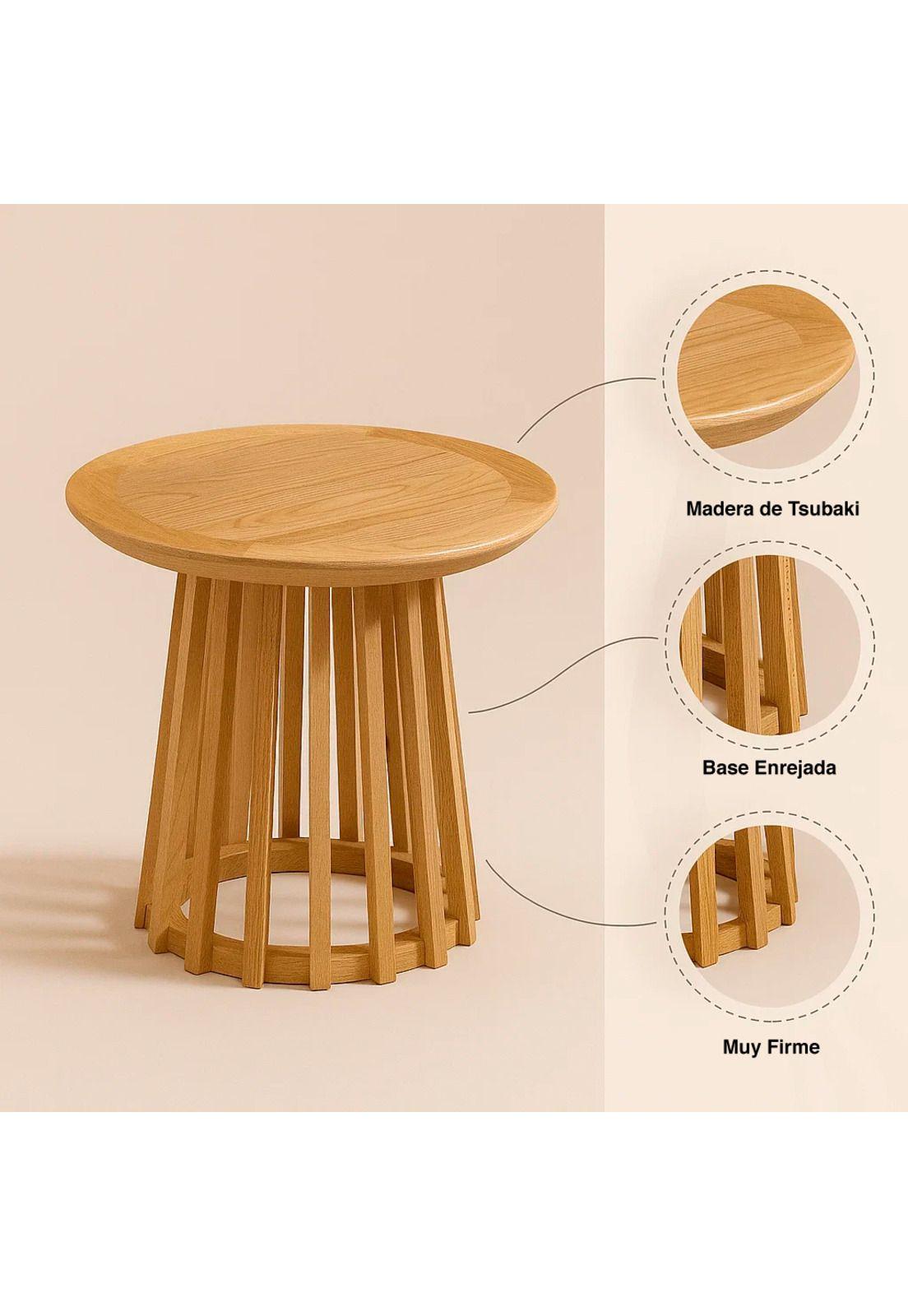 Mesa Redonda de 50 cm Madera Natural con Base Estilo Rejilla-5