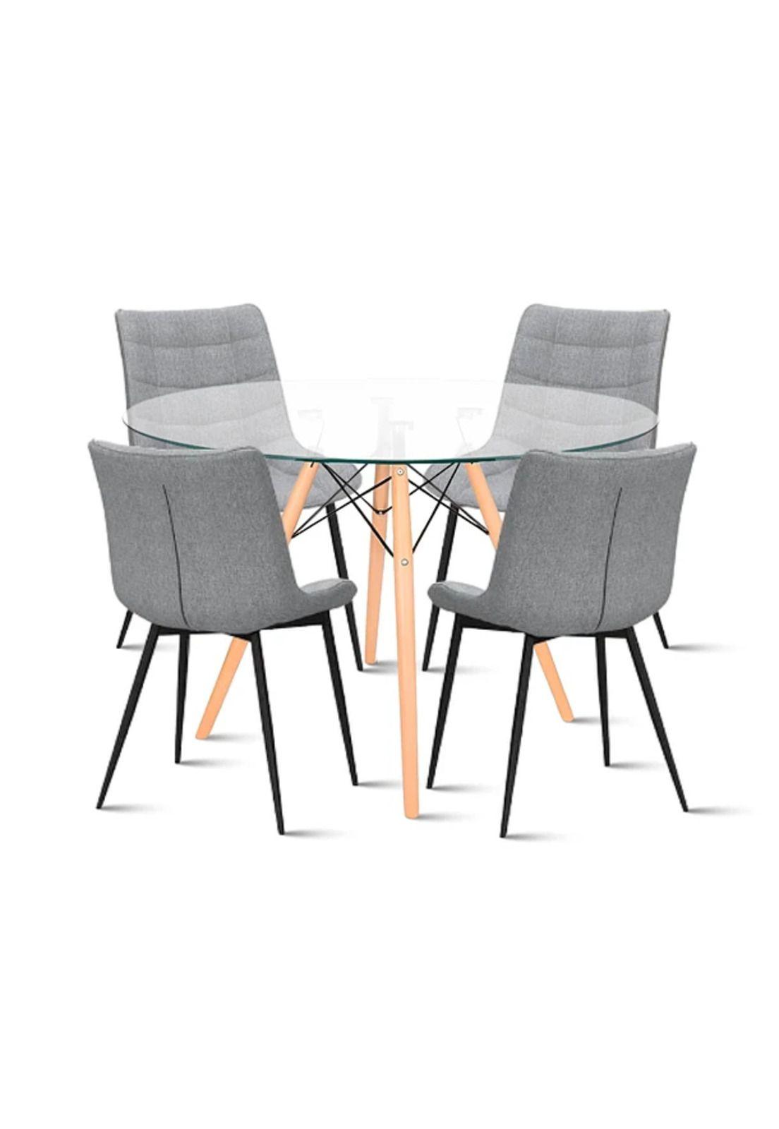 Comedor Mesa Eames 80cm redonda vidrio + 4 Silla Macron Terciopelo - Gris-0