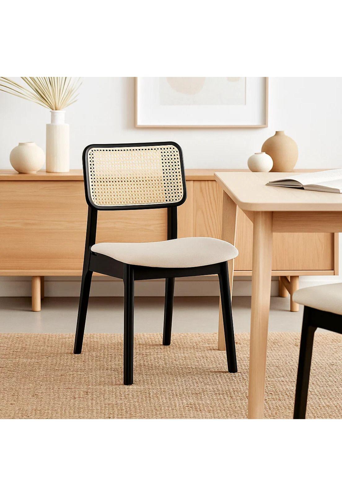 Silla de Comedor con Respaldo de Ratán y Asiento Tapizado - Beige-2