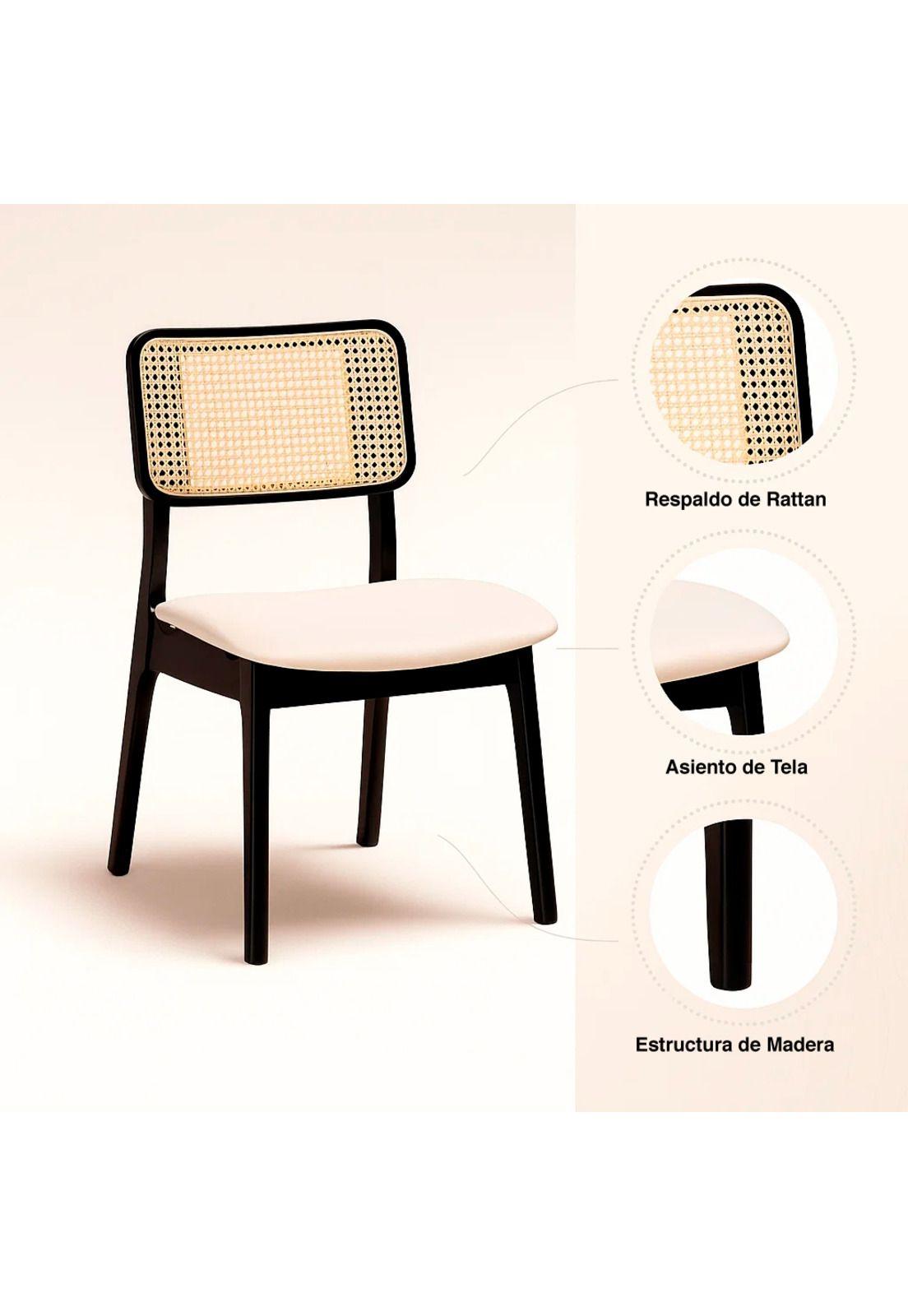Silla de Comedor con Respaldo de Ratán y Asiento Tapizado - Beige-4