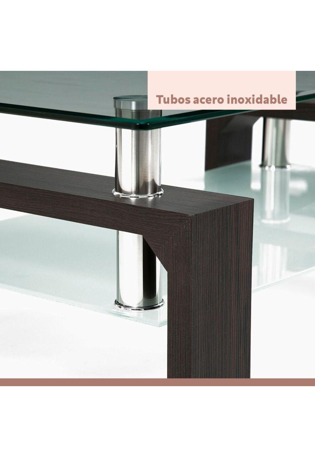 Mesa de centro para living rectangular de vidrio y madera oscura-5