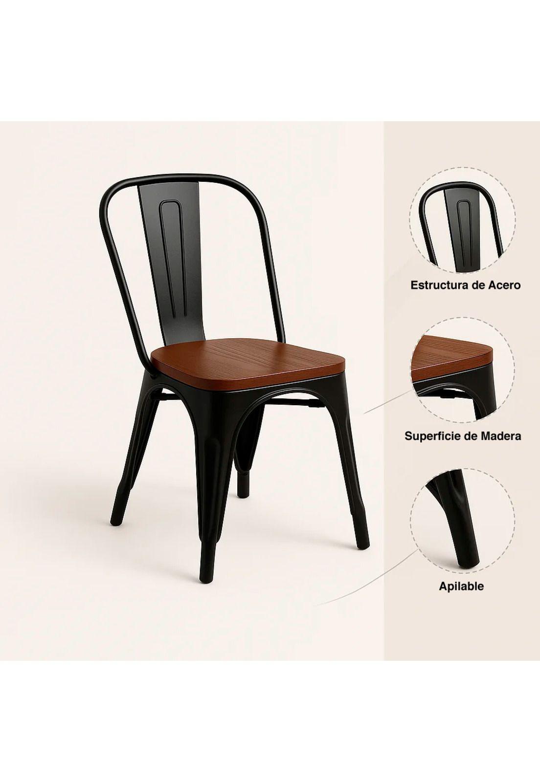 Silla Tolix de Comedor o Terraza Exterior con asiento de Madera Oscura Walnut - Negra-4