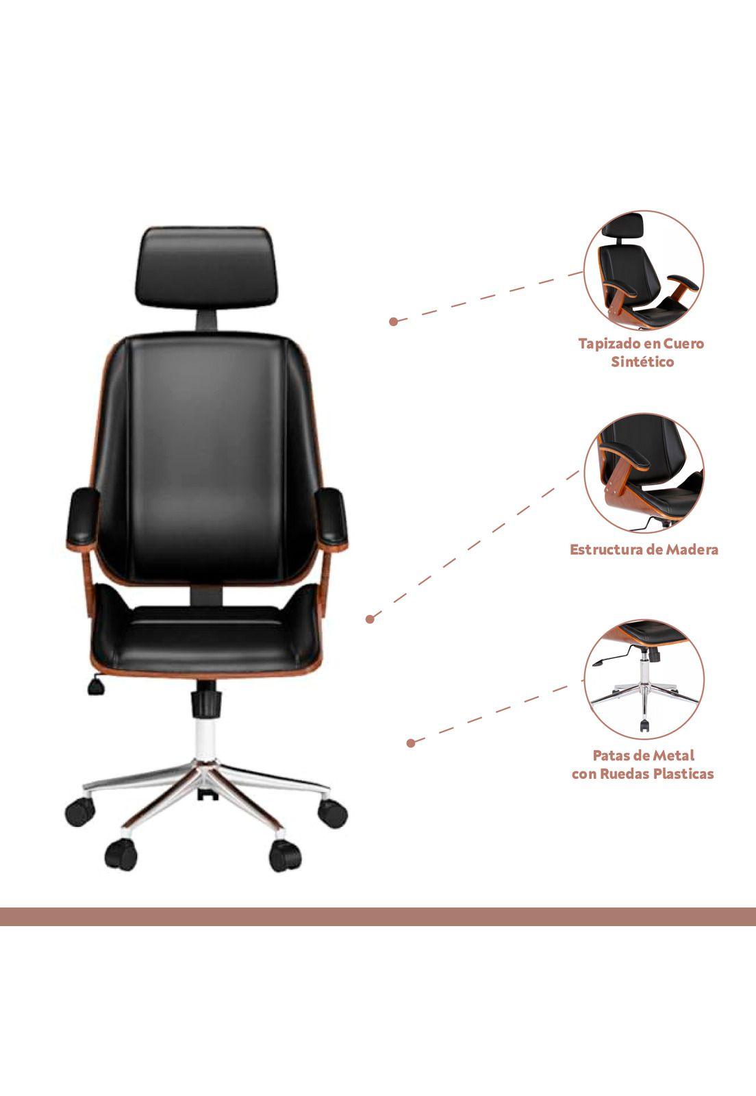 Silla oficina cuero negra con apoyabrazos madera y respaldo cabeza-2