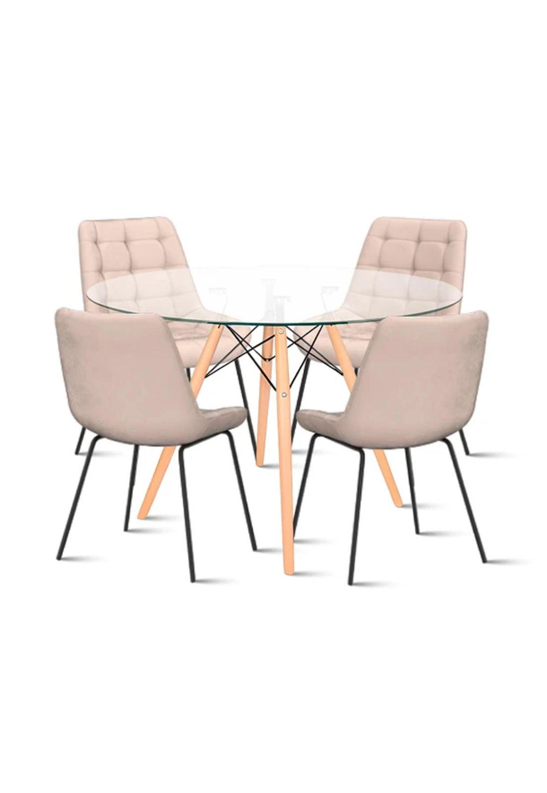 Comedor Mesa Eames 80cm redonda vidrio + 4 Silla Macron Terciopelo - Beige-0