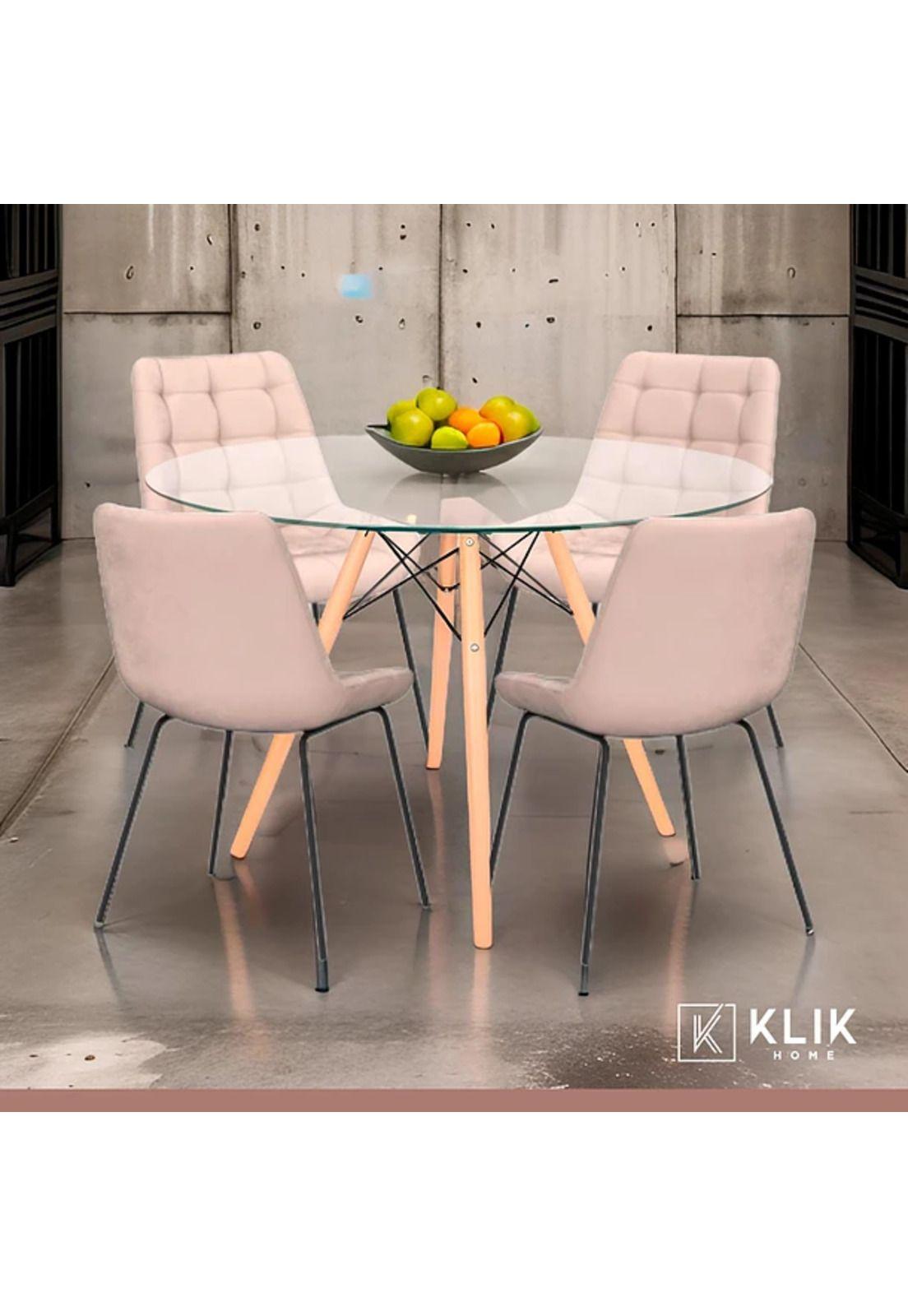 Comedor Mesa Eames 80cm redonda vidrio + 4 Silla Macron Terciopelo - Beige-1