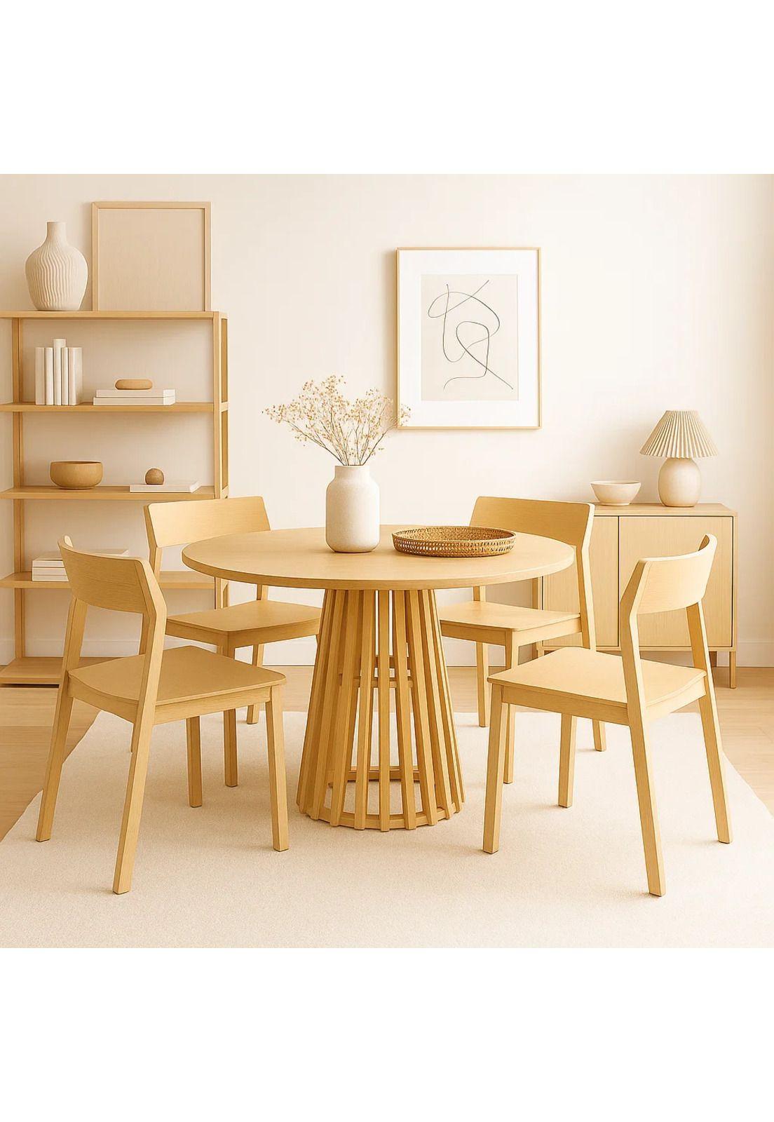 Comedor Mesa Redonda 100cm Madera Natural Base Estilo Rejilla + 4 Silla Madera Rover Viena Natural-2