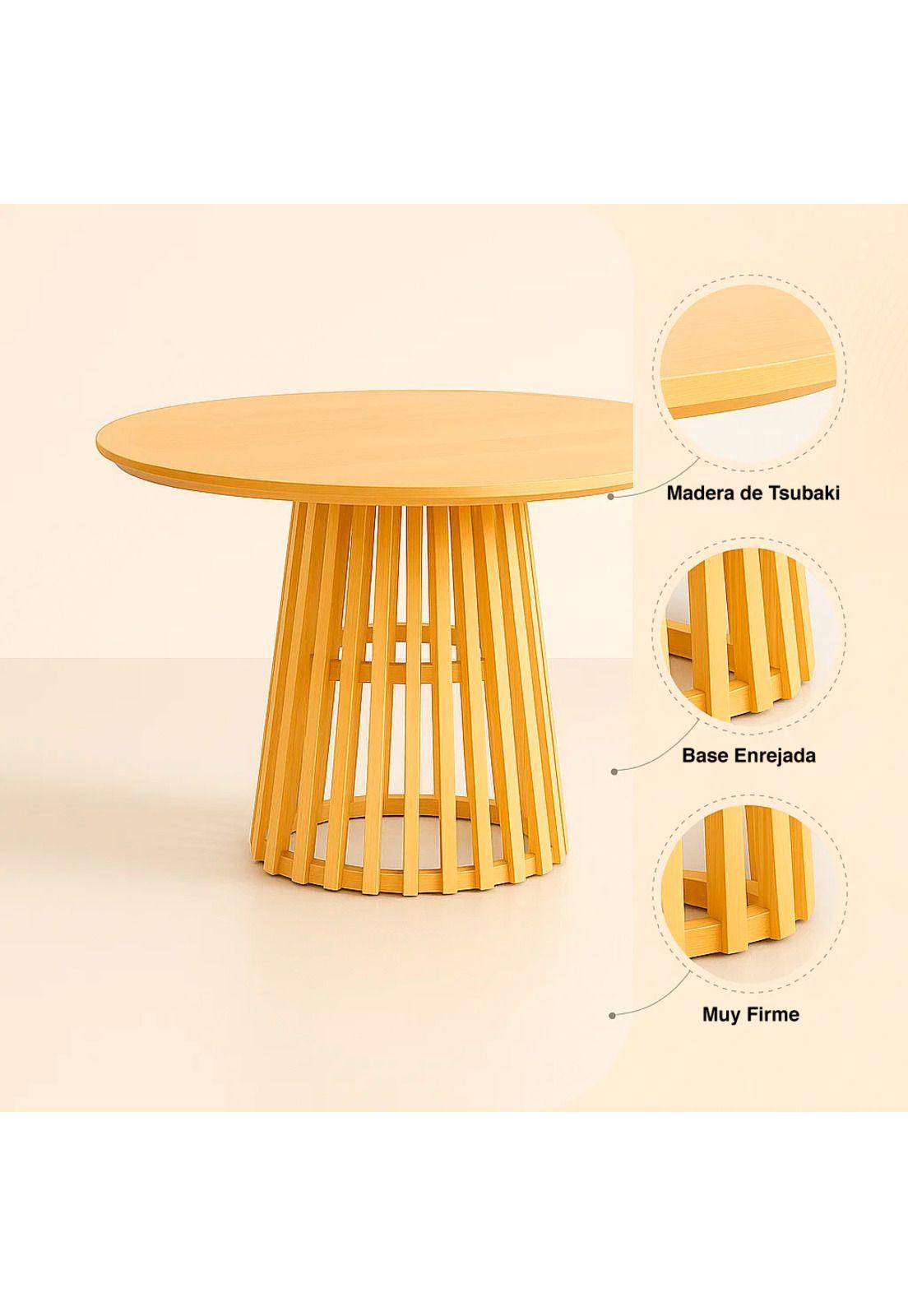 Comedor Mesa Redonda 100cm Madera Natural Base Estilo Rejilla + 4 Silla Madera Rover Viena Natural-6