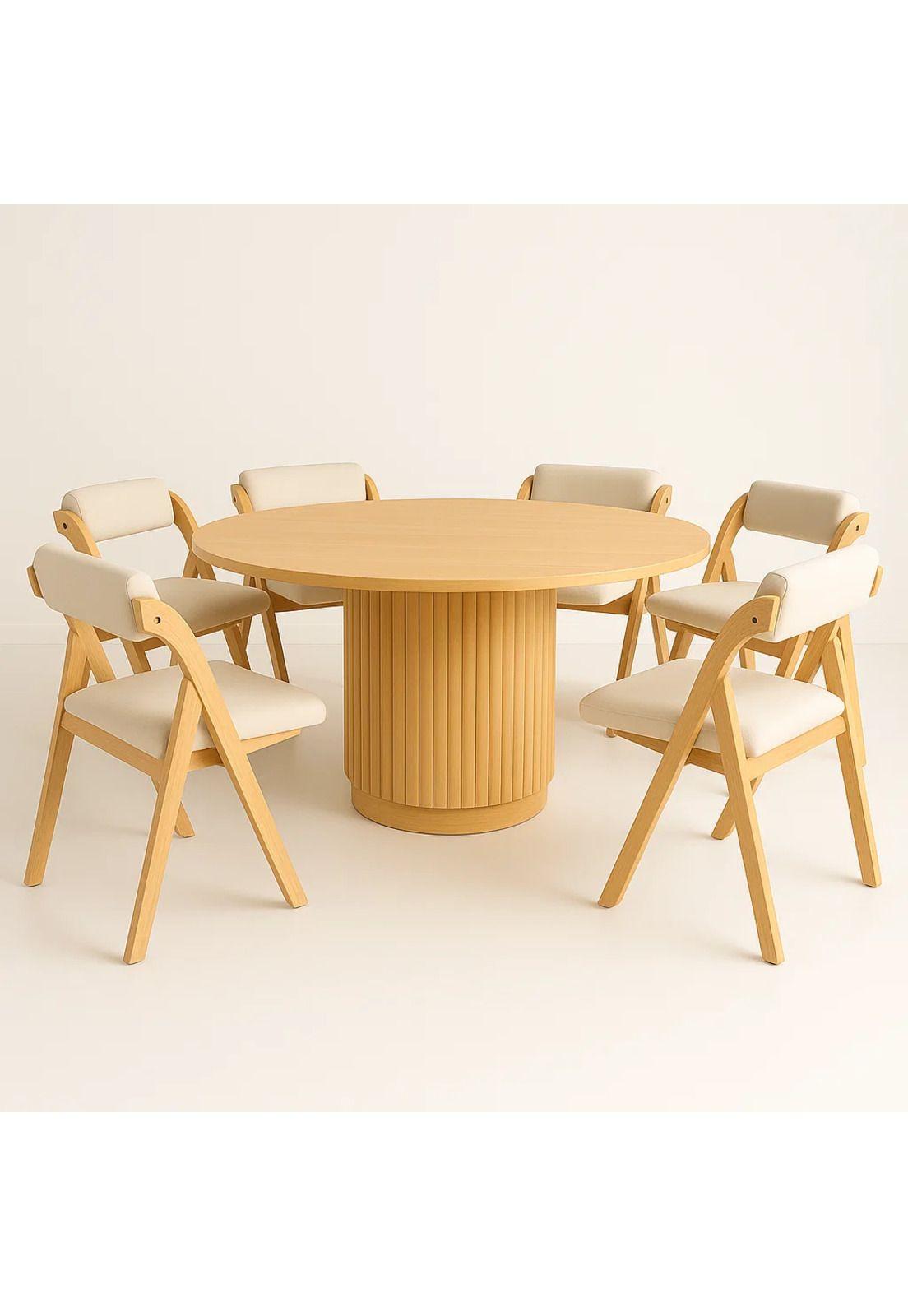 Comedor Redondo Nórdico Armonía 130cm Madera Natural + 6 Silla Betlahem Plegable Acolchada Beige-0