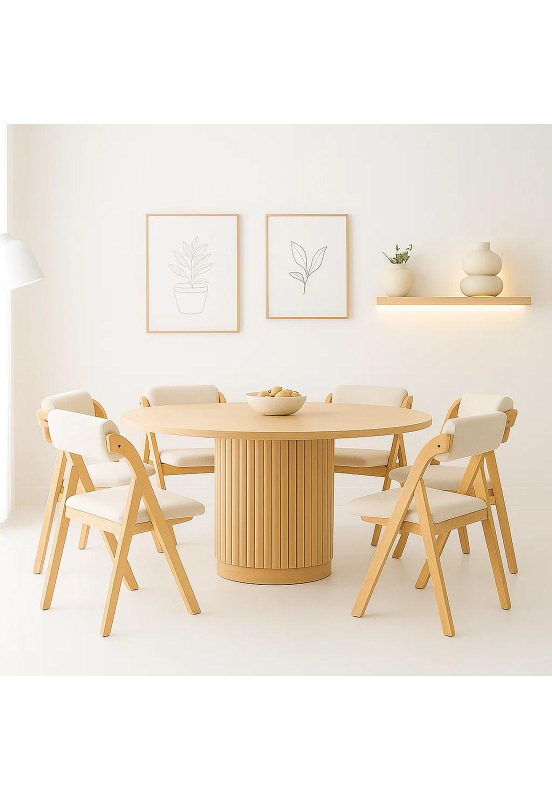 Comedor Redondo Nórdico Armonía 130cm Madera Natural + 6 Silla Betlahem Plegable Acolchada Beige-1