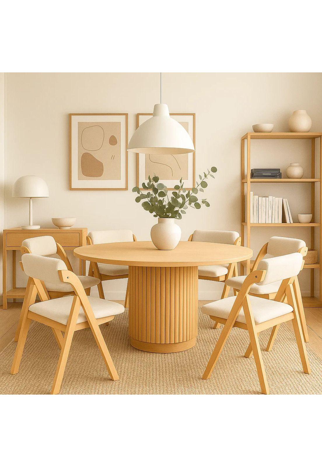Comedor Redondo Nórdico Armonía 130cm Madera Natural + 6 Silla Betlahem Plegable Acolchada Beige-2