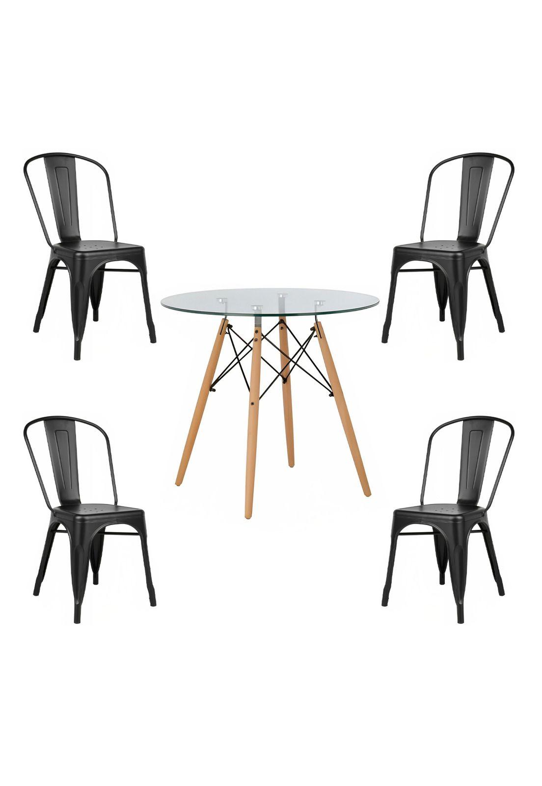COMEDOR MESA REDONDA VIDRIO 80CM + 4 SILLAS TOLIX NEGRAS-0
