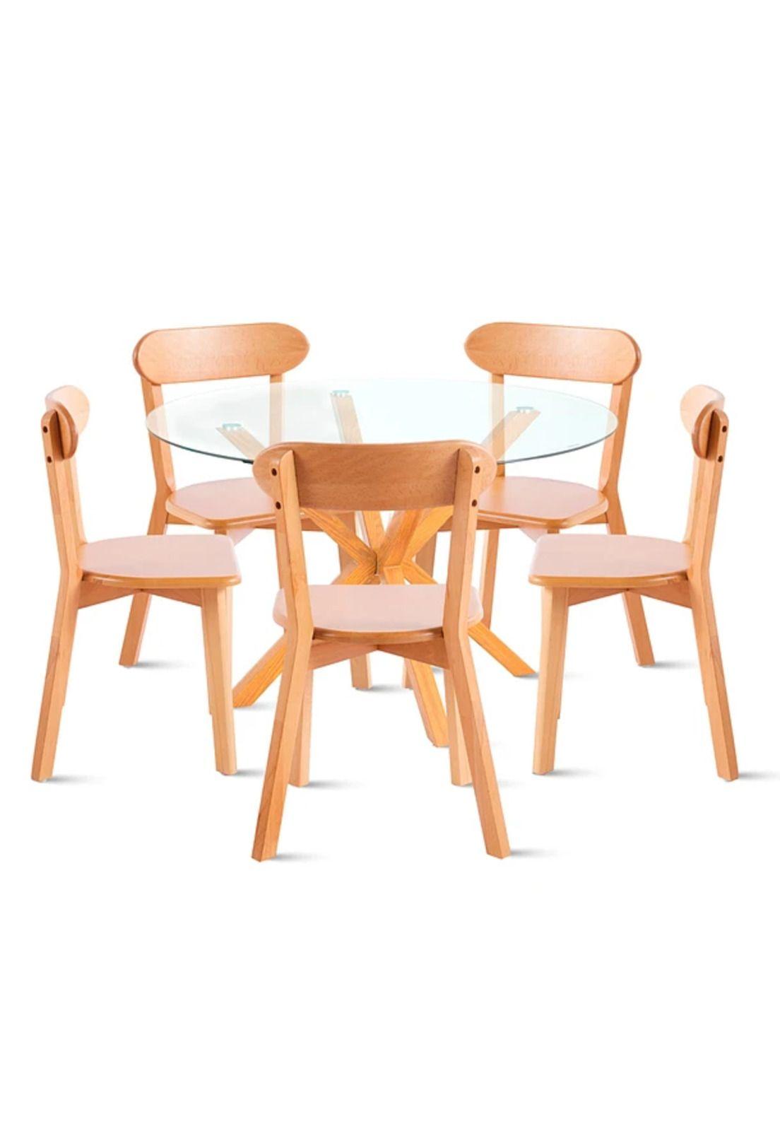 Comedor redondo de vidrio Cross 120cm + 5 Sillas Fresno de Madera - Natural-0