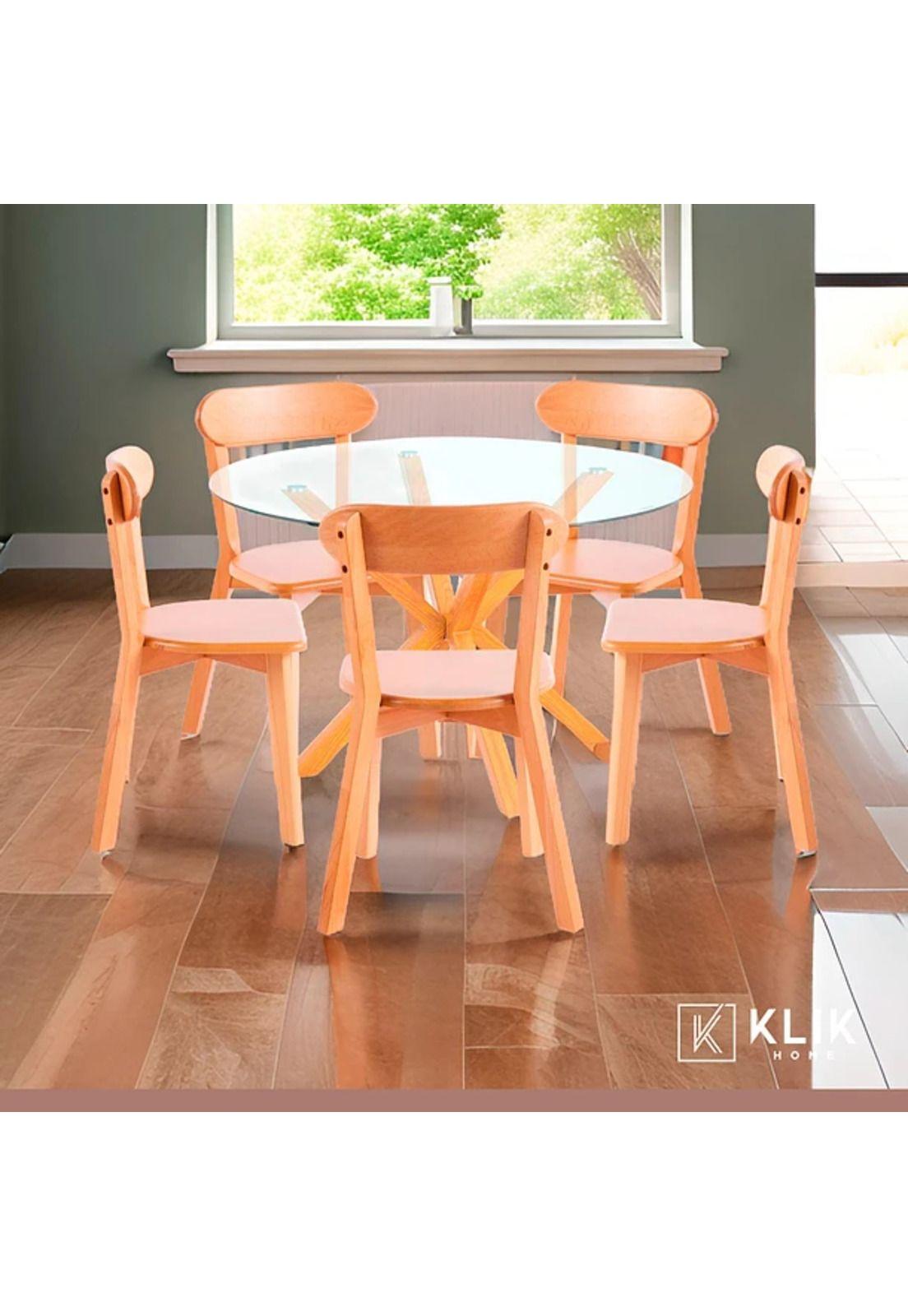 Comedor redondo de vidrio Cross 120cm + 5 Sillas Fresno de Madera - Natural-7