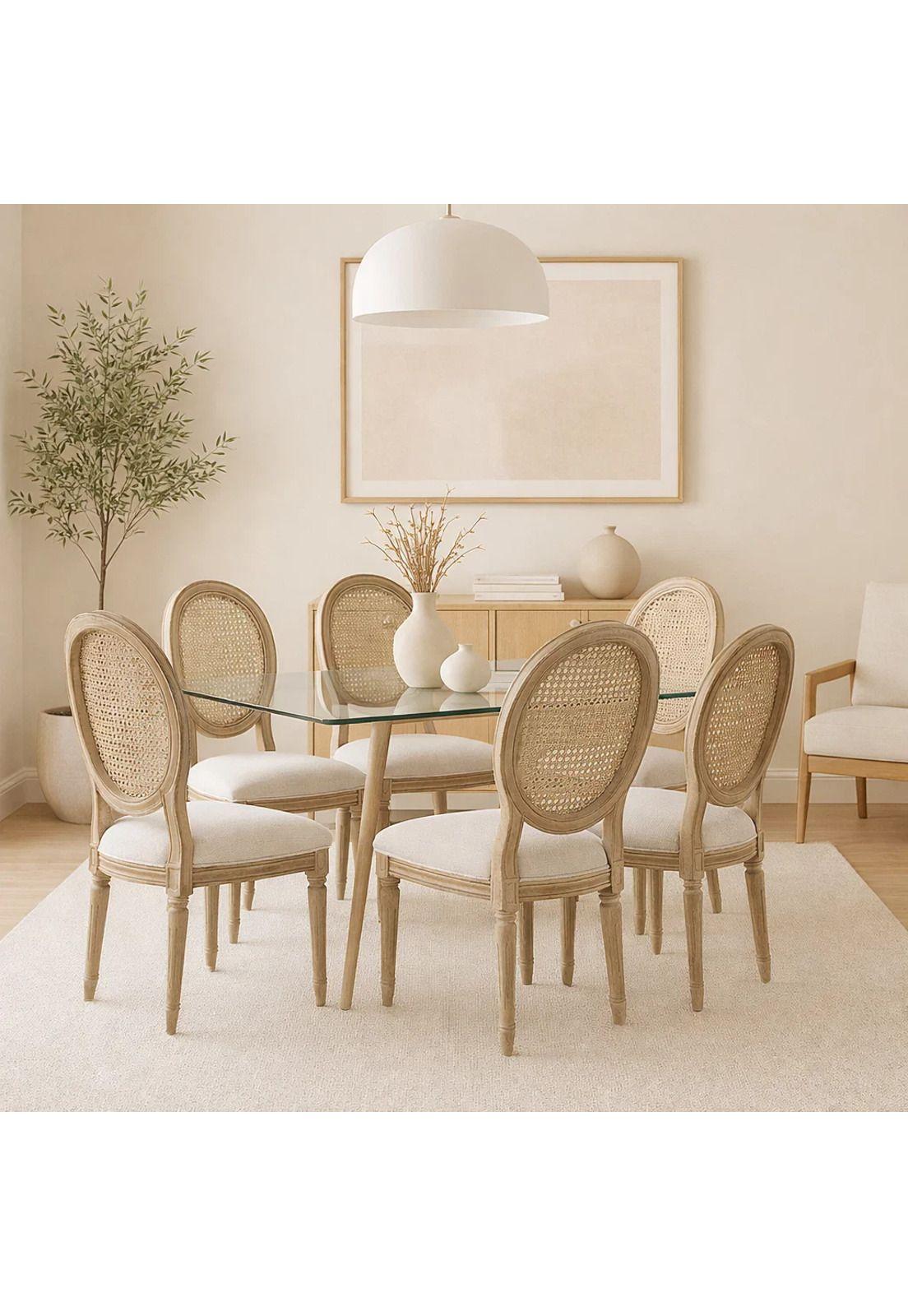 Comedor Mesa de Vidrio Rectangular Nórdica 140x90 cm + 6 Silla de Madera Acolchada Luis XV-2
