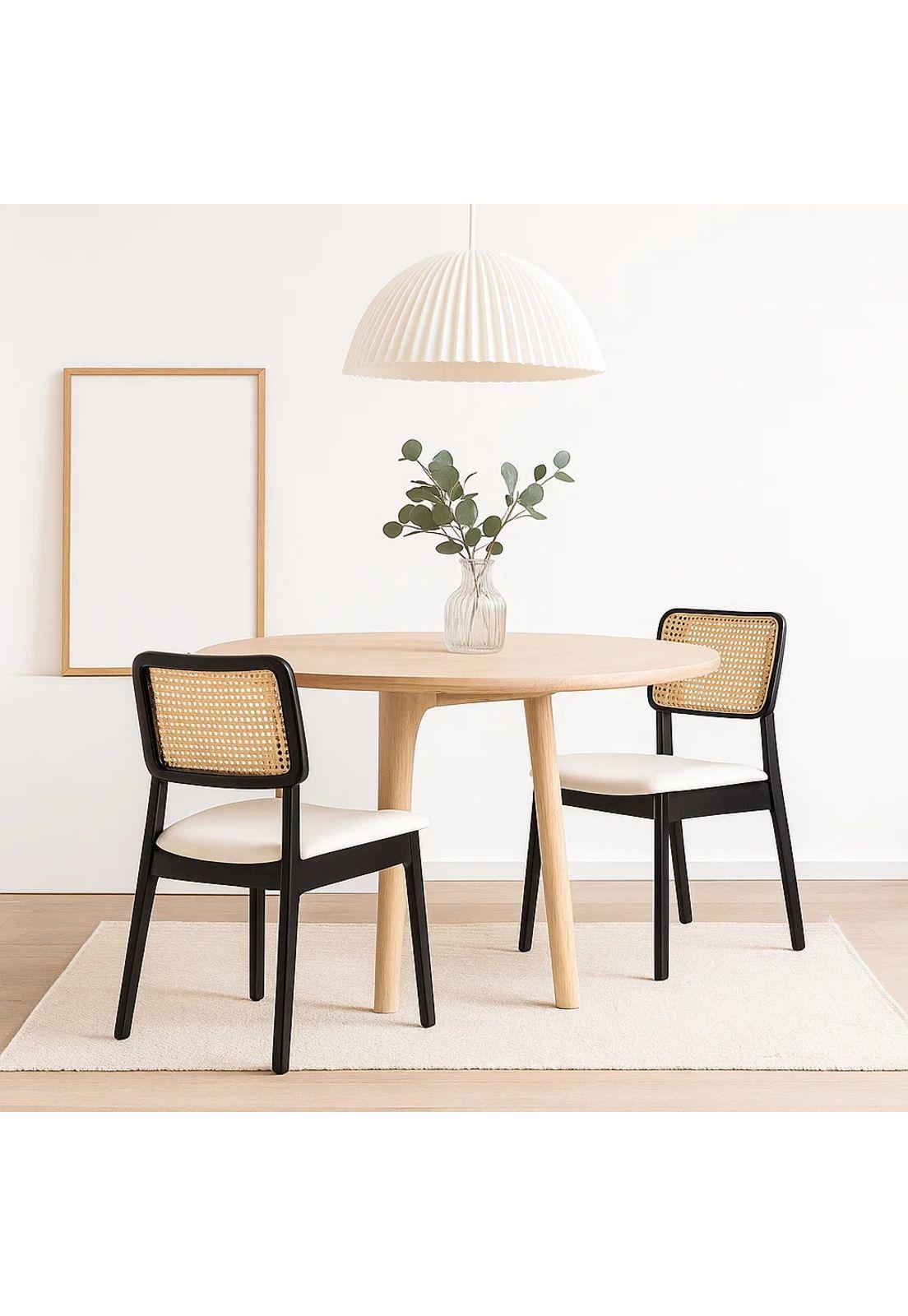 Pack de 2 Sillas de Comedor con Respaldo de Ratán y Asiento Tapizado - Beige-2