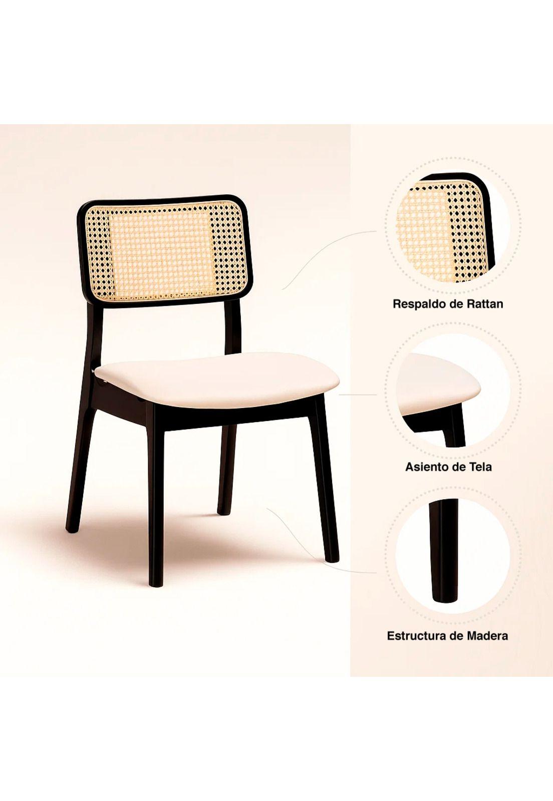 Pack de 2 Sillas de Comedor con Respaldo de Ratán y Asiento Tapizado - Beige-4