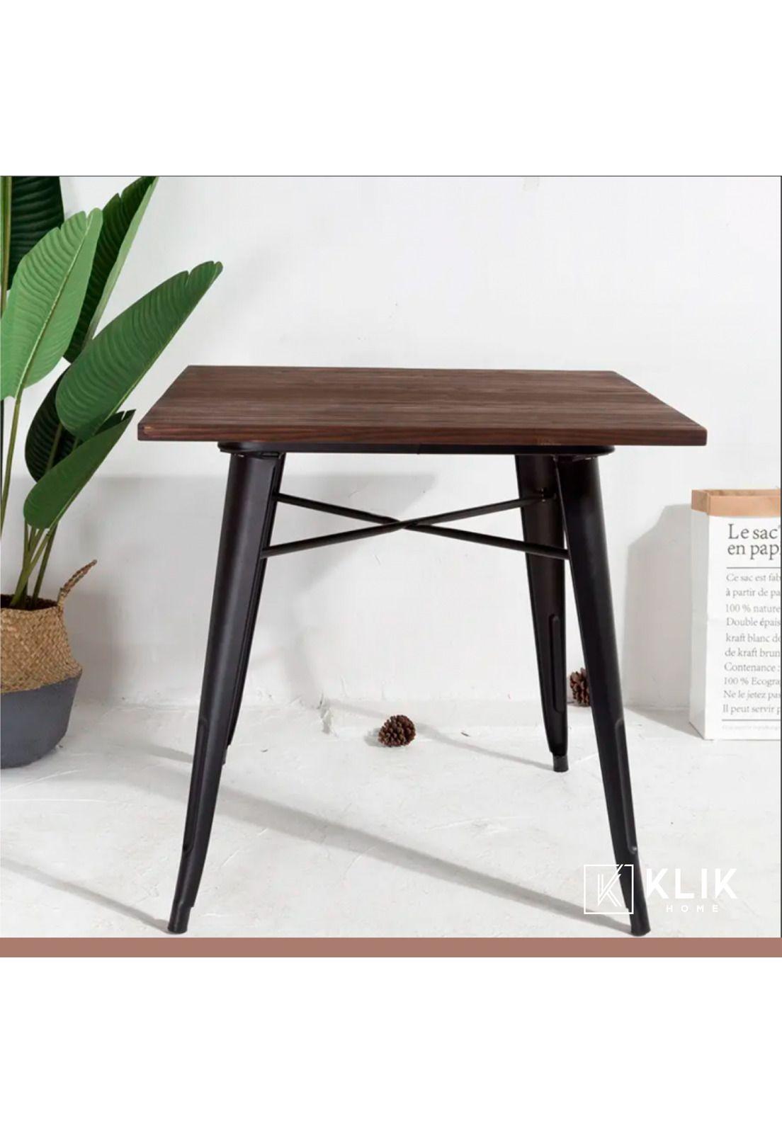 Mesa Tolix restaurant cuadrada negra 80x80 con cubierta de Madera Oscura Walnut-1
