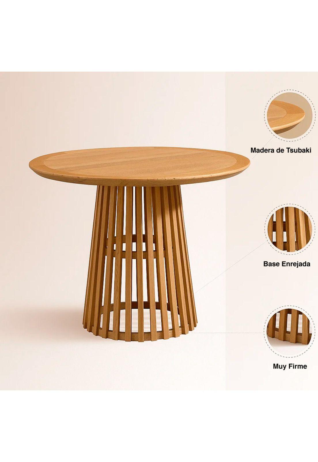 Mesa Redonda de 100 cm Madera Natural con Base Estilo Rejilla-4