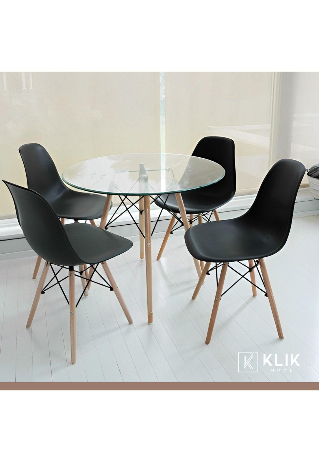 Comedor Mesa Eames Vidrio 80cm + 4 Sillas Eames Negras-1