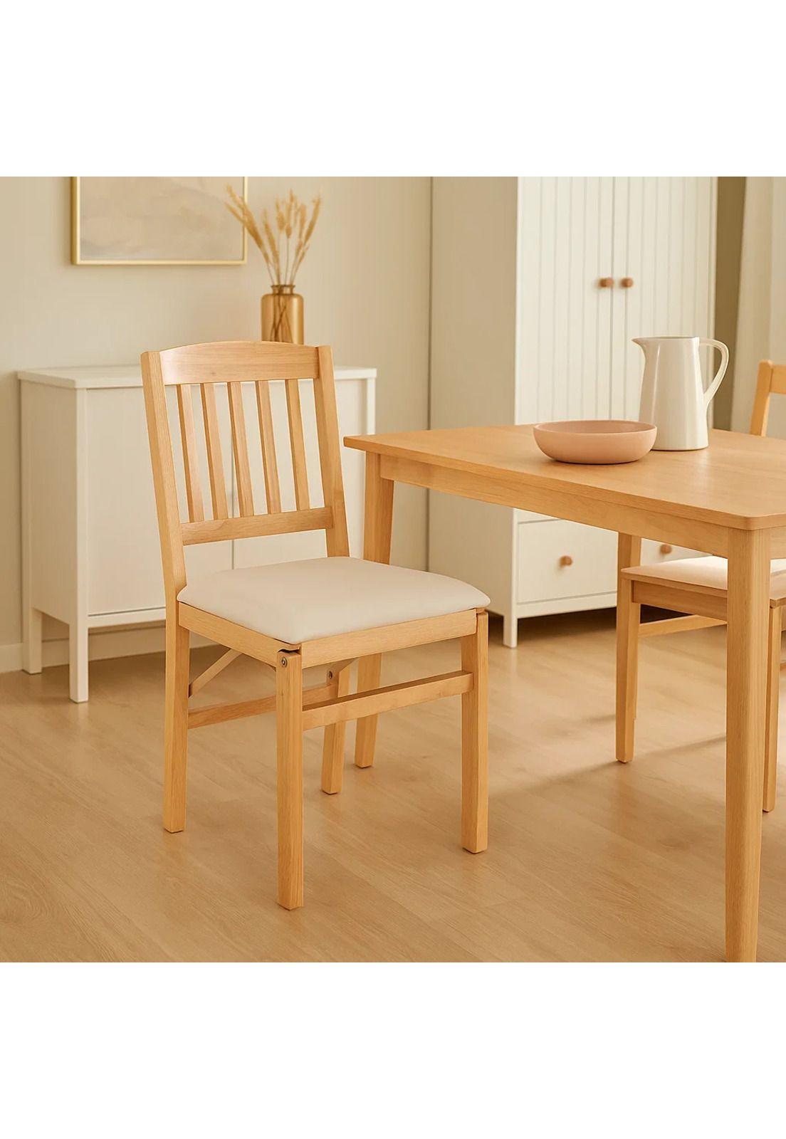 Silla Moderna Plegable de Madera Clara con Tapizado Neutro-2