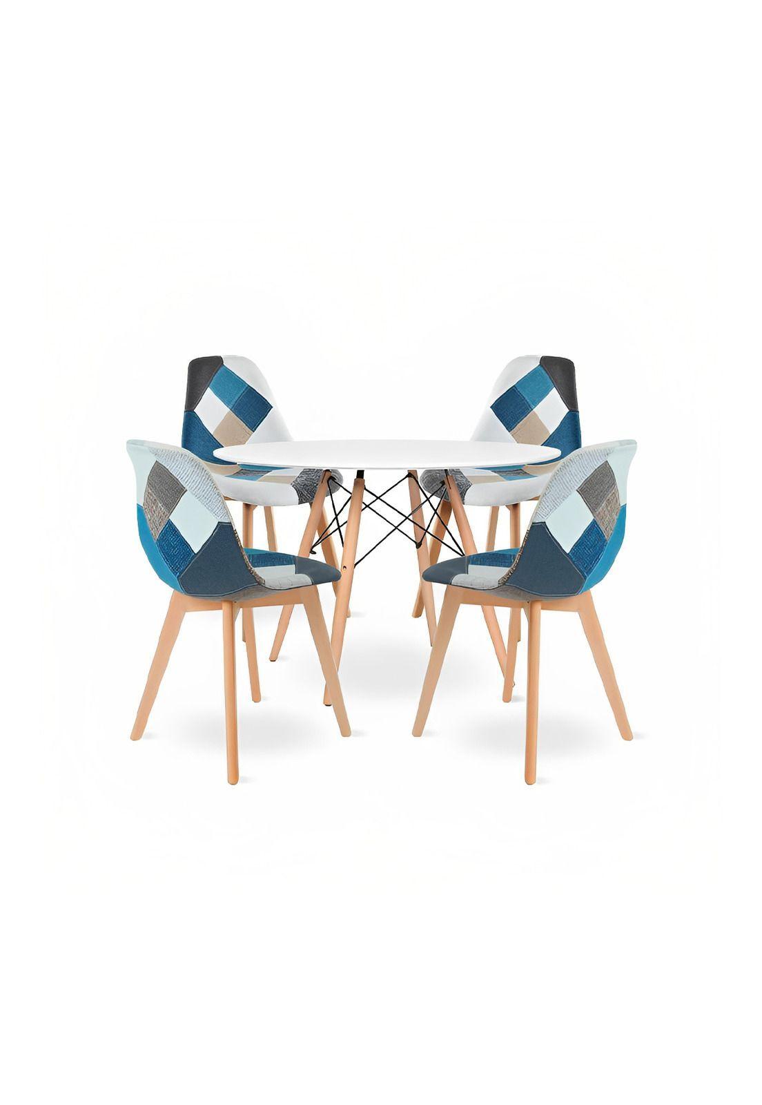 Comedor Mesa Redonda Blanca 100cm + 4 Sillas Eames Patchwork Tela Wood Celeste-0