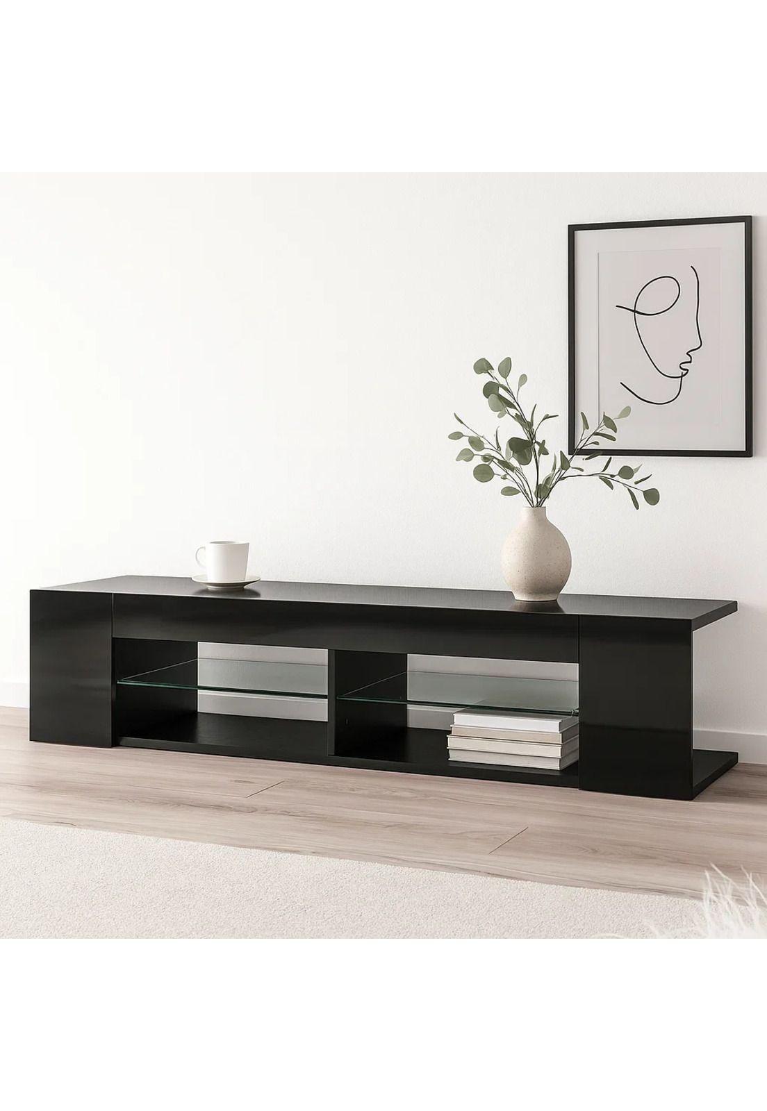 Mueble de TV Moderno Negro con Luces LED y Compartimentos-2