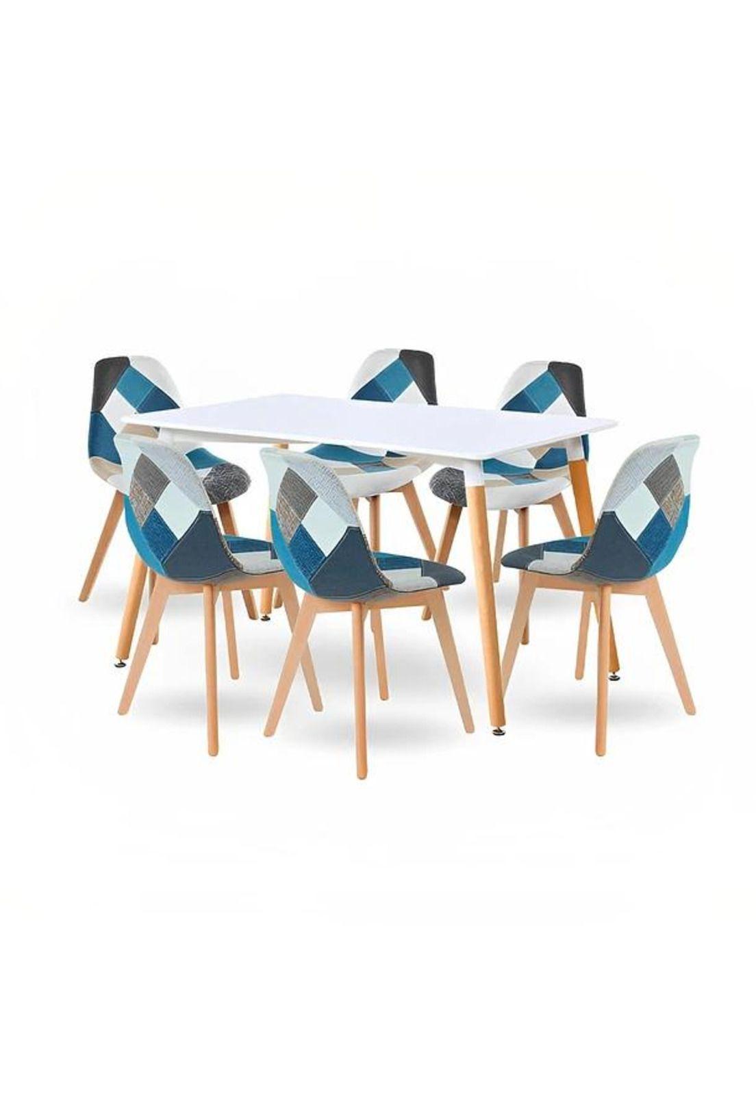 Comedor mesa rectangular blanca 120cm + 6 silla Patchwork wo-0