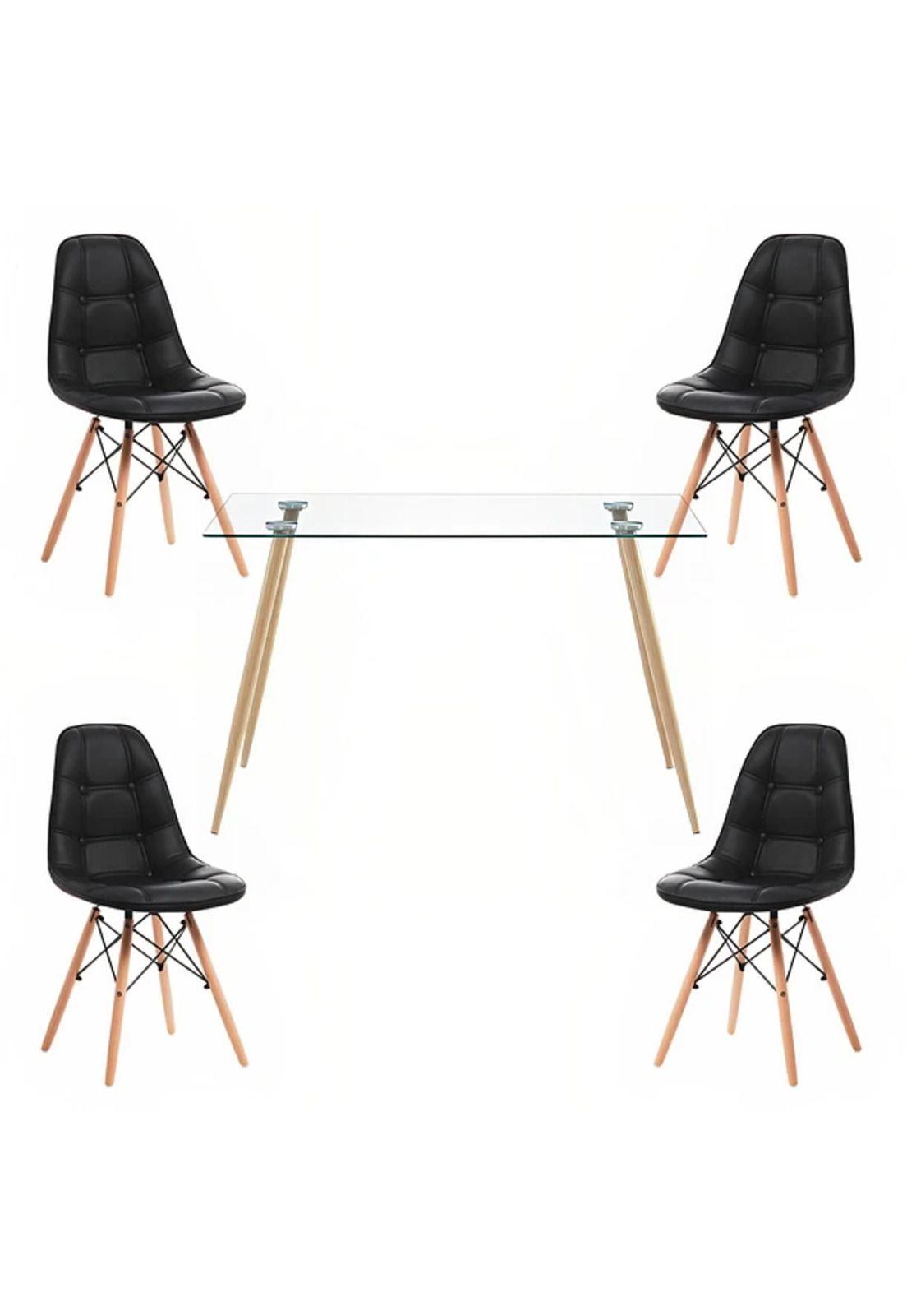 Comedor Mesa Rectangular de Vidrio 120x80 cm + 4 Sillas Buckle Acolchadas Ecocuero Negras-0