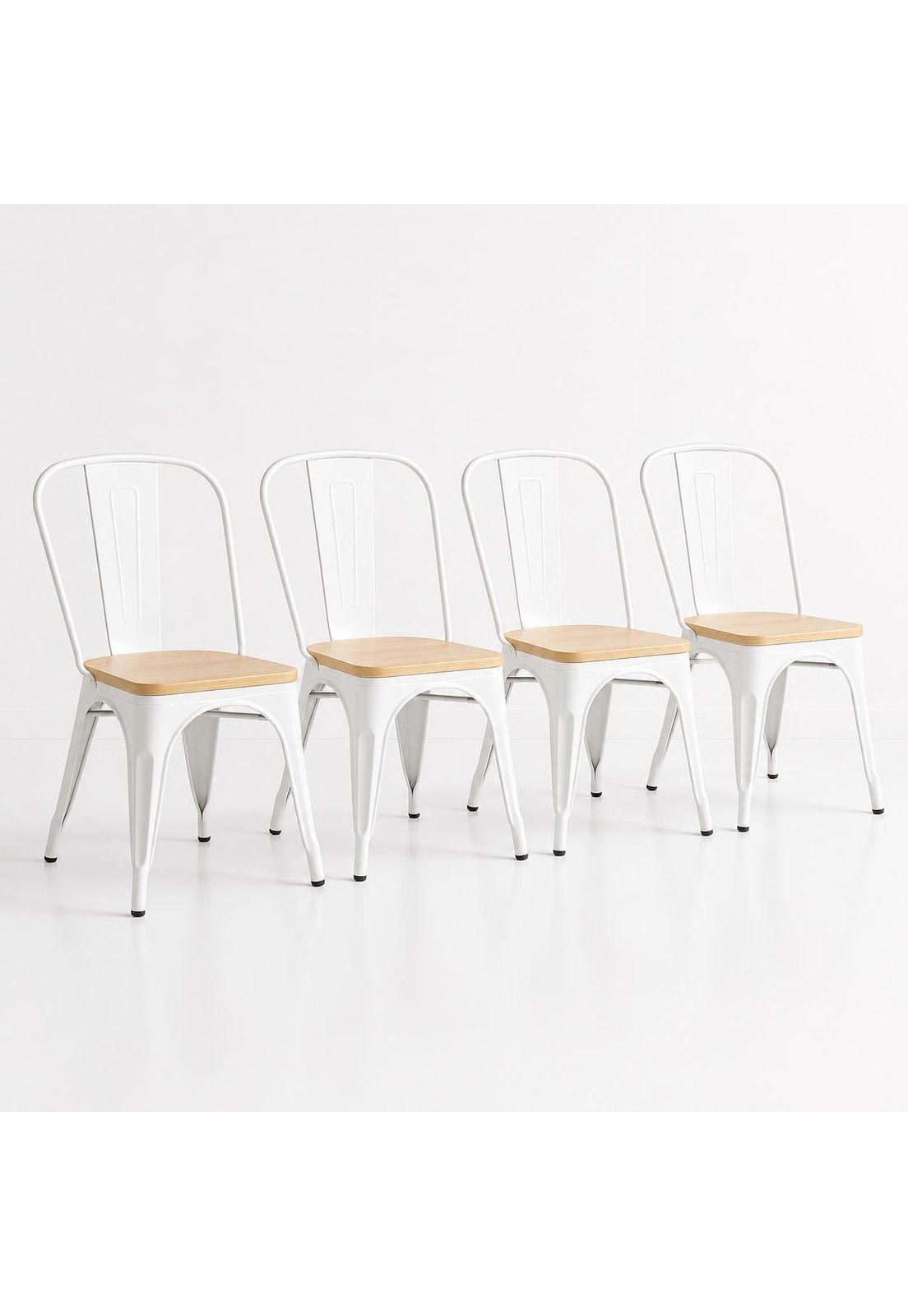 Pack de 4 Sillas Tolix con asiento de madera clara - Blanca-0