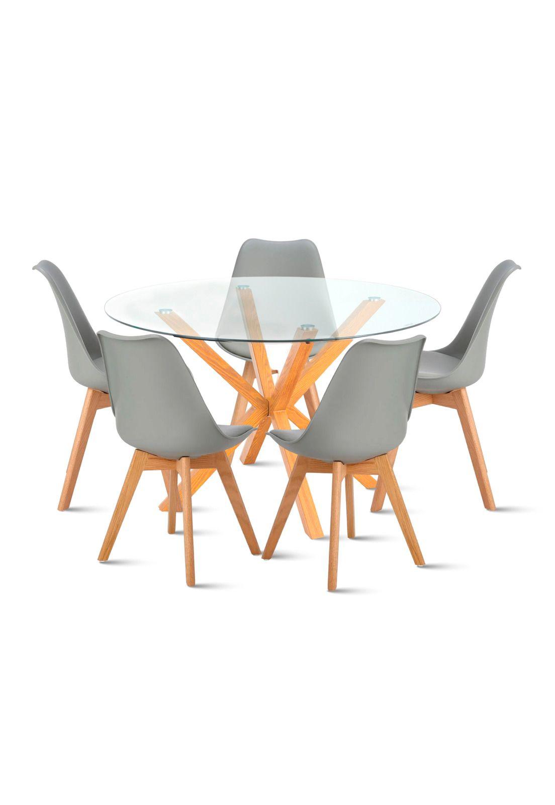 Comedor redondo de vidrio Cross 120cm + 5 Silla Tulip Acolchada - Gris-0