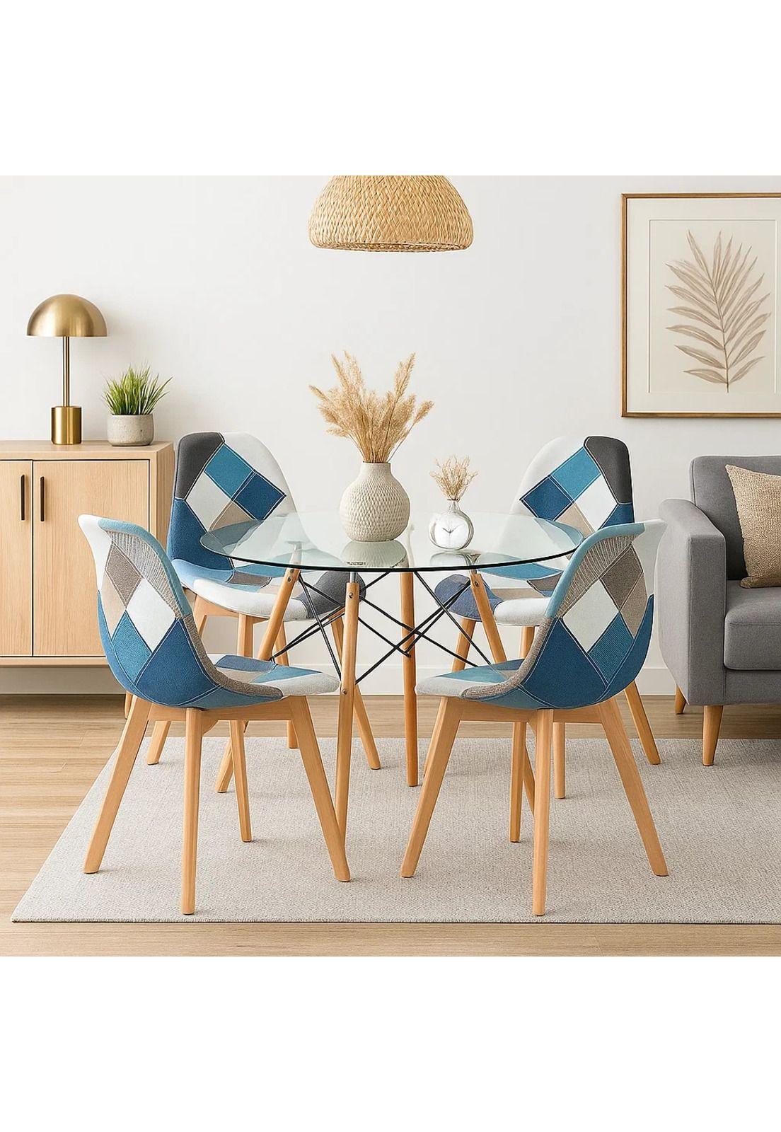 Comedor Mesa Eames Redonda vidrio 80cm + 4 Sillas Eames Patchwork Tela Wood Celeste-2