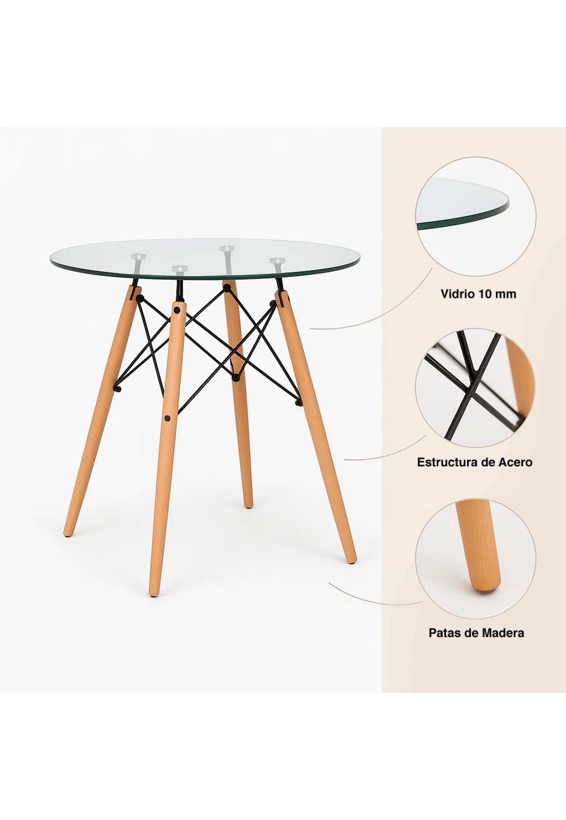Comedor Mesa Eames Redonda vidrio 80cm + 4 Sillas Eames Patchwork Tela Wood Celeste-5