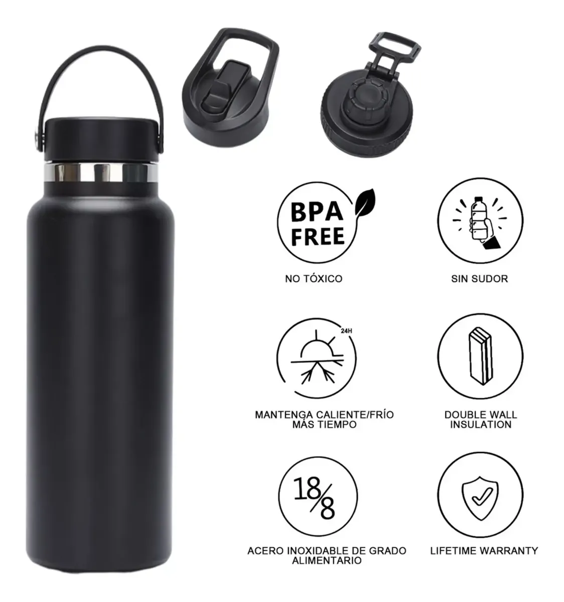 Termo Botella Agua Termica Acero Inoxidable 740ml + 3 Tapas - Norplat-2