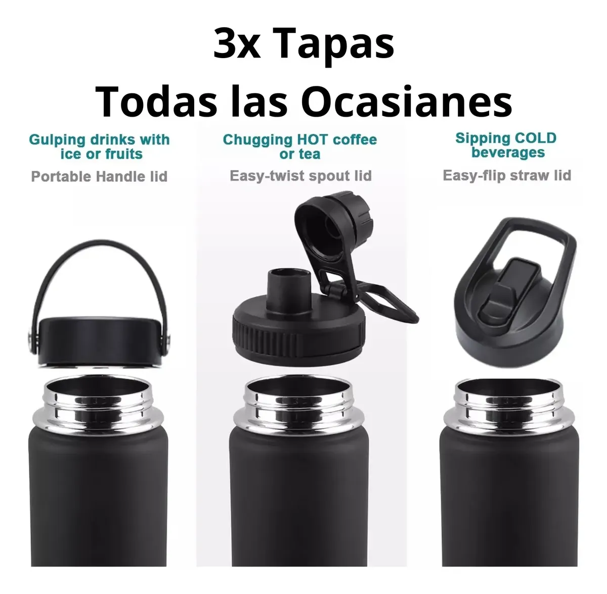 Termo Botella Agua Termica Acero Inoxidable 740ml + 3 Tapas - Norplat-3