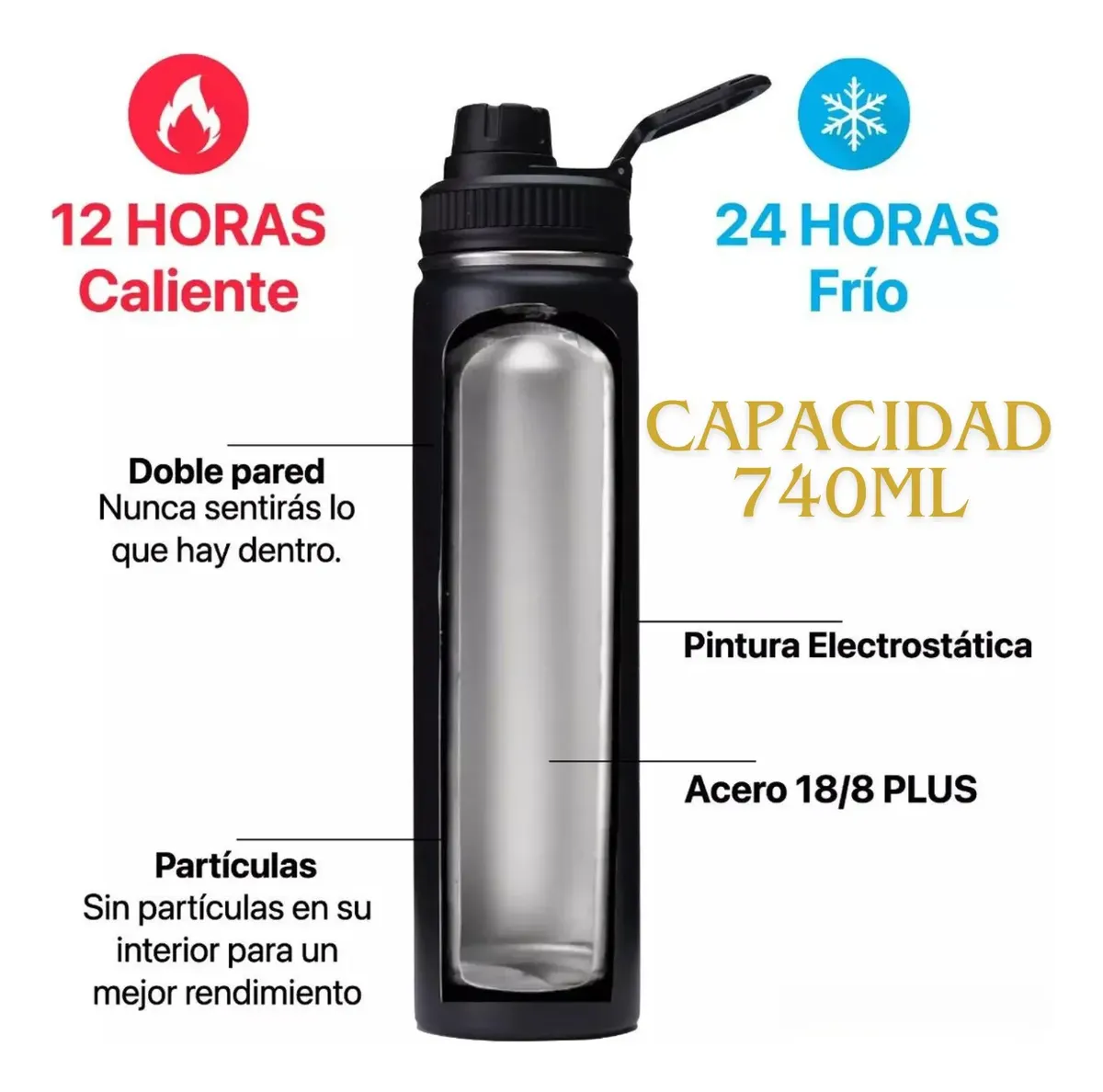 Termo Botella Agua Termica Acero Inoxidable 740ml + 3 Tapas - Norplat-4