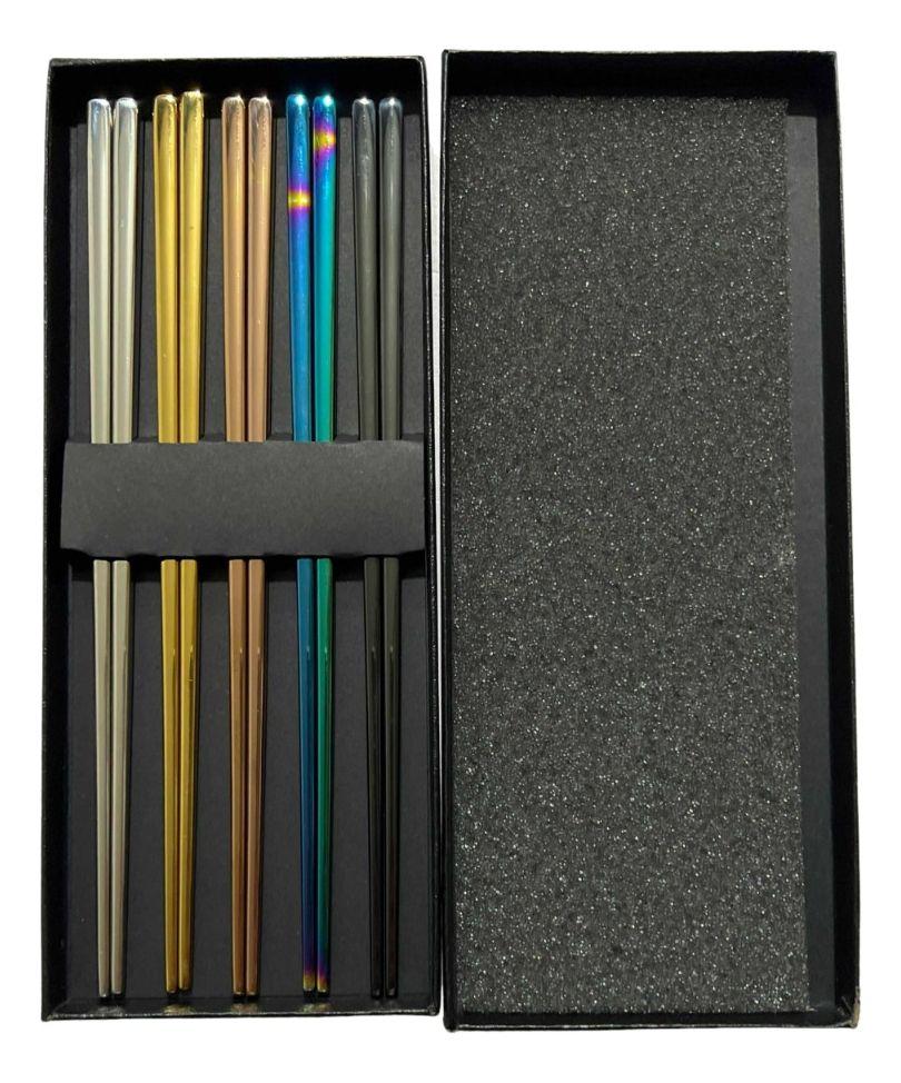 Juego 5 Pares Palillos Chinos Reutilizables Acero Inoxidable - Norplat-0