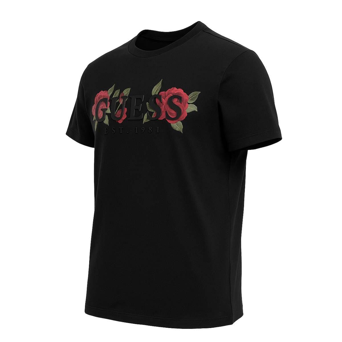 Polera Hombre Guess Negra Con Flores Rojas/letras Talla L-1