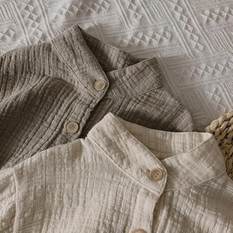 Camisas Retro de algodón y lino para niños 90 cm Beige-3