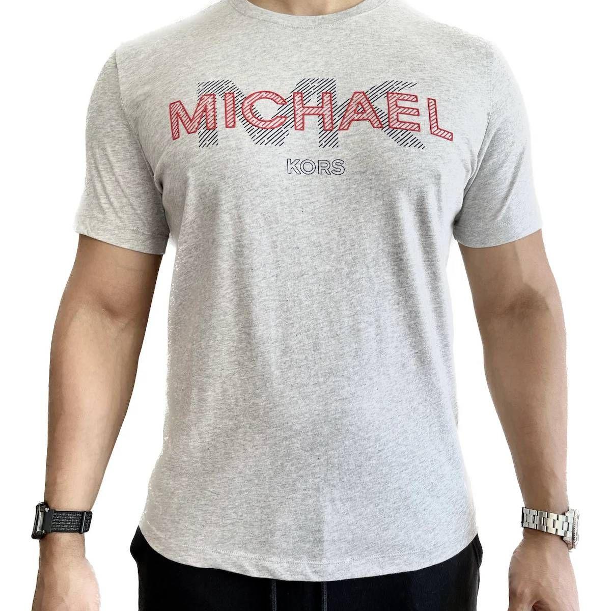 Polera MK Gris Cuello Redondo Letras Rojas y Lineas Talla M-0