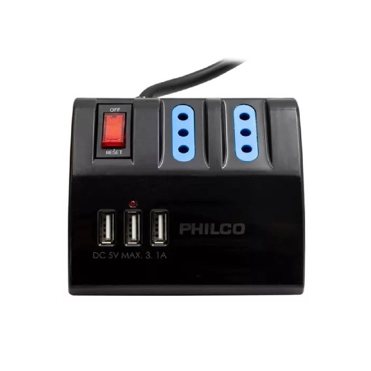 Alargador Philco Escritorio 3 220V 3 USB Negro-2