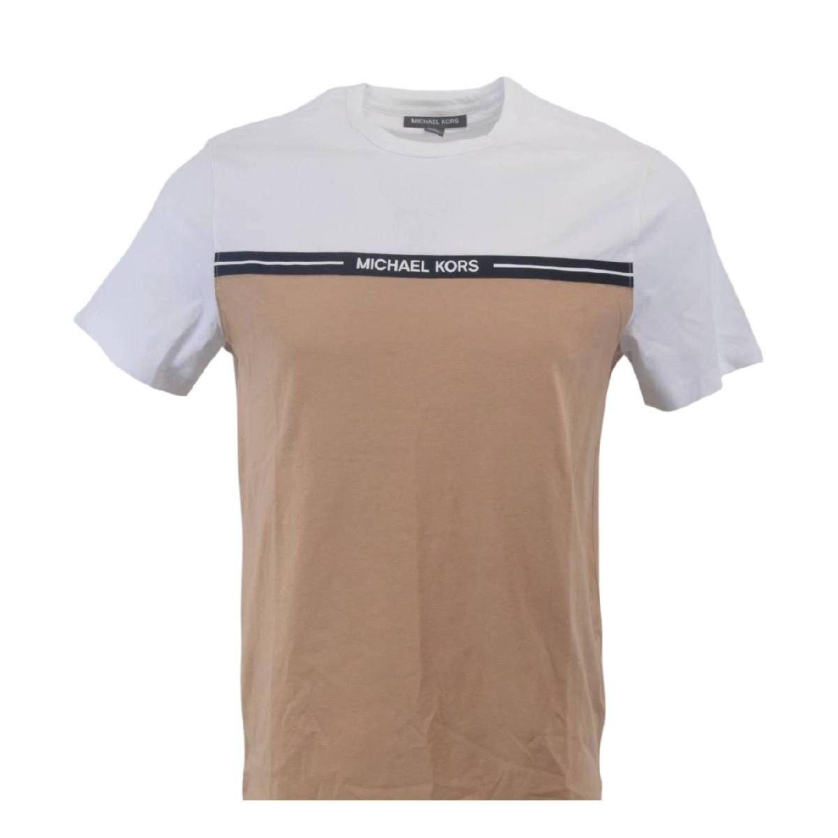 Polera MK Blanca/beige Cuello Redondo Linea Negra Talla L-0