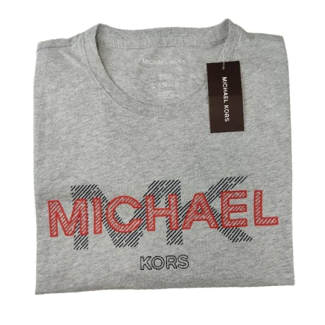 Polera MK Gris Cuello Redondo Letras Rojas y Lineas Talla L-2