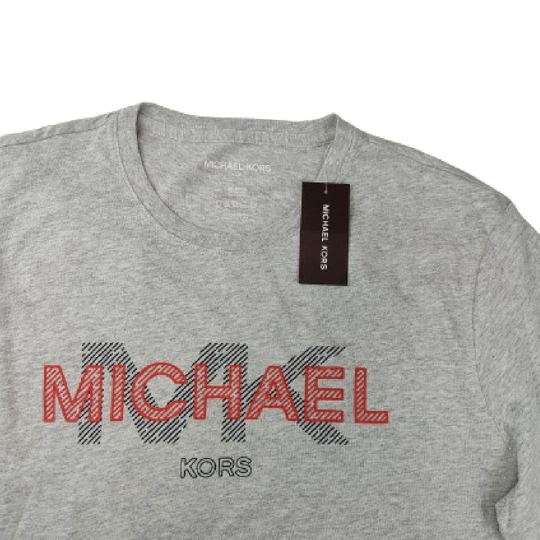 Polera MK Gris Cuello Redondo Letras Rojas y Lineas Talla L-3