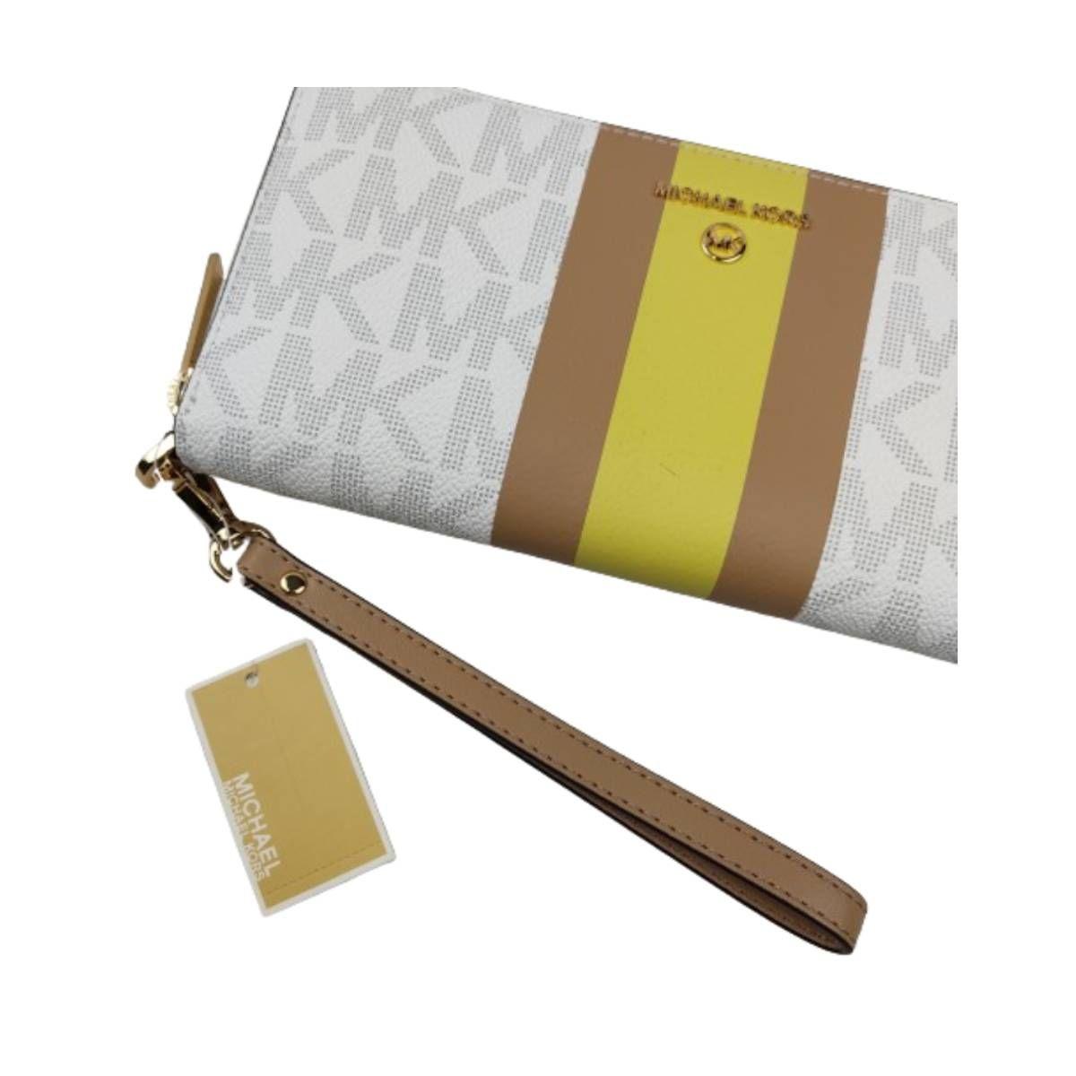 BILLETERA GRANDE MK BLANCA CON FRANJA CAFÉ/AMARILLA-1