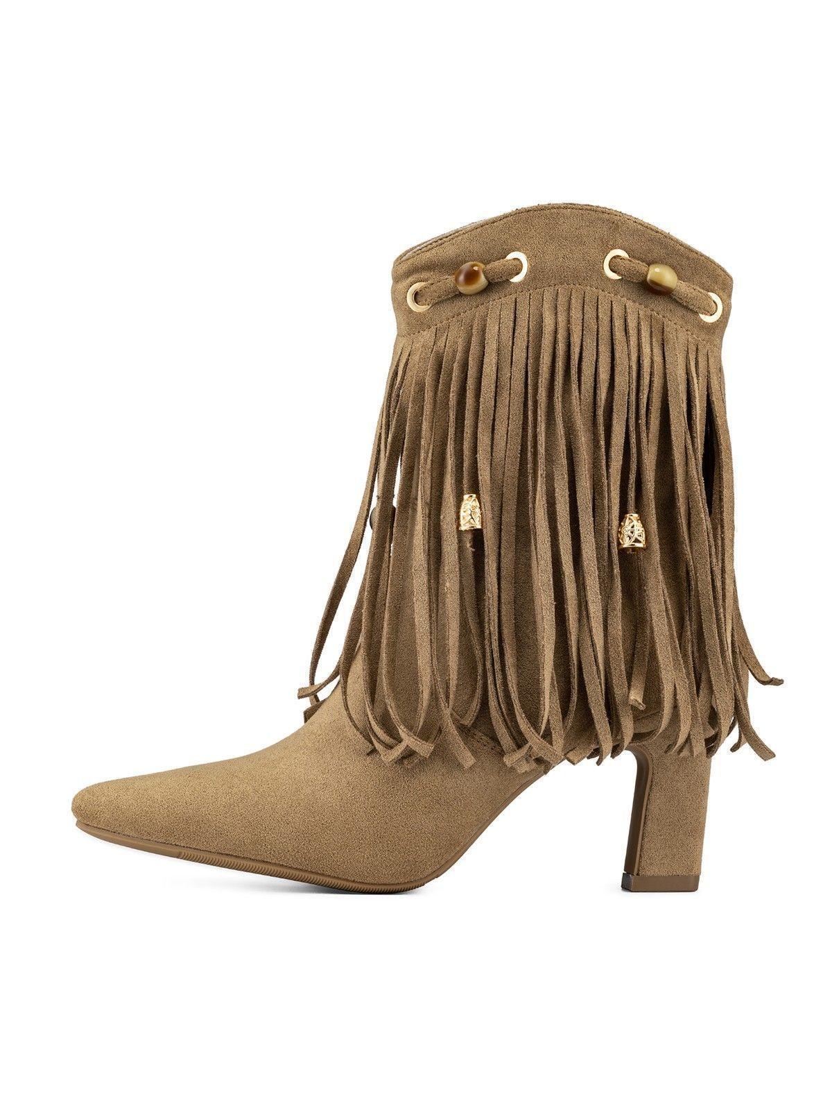 Bota Taco Mujer Casual Estilo Vaquero Flecos Weide DH90-2
