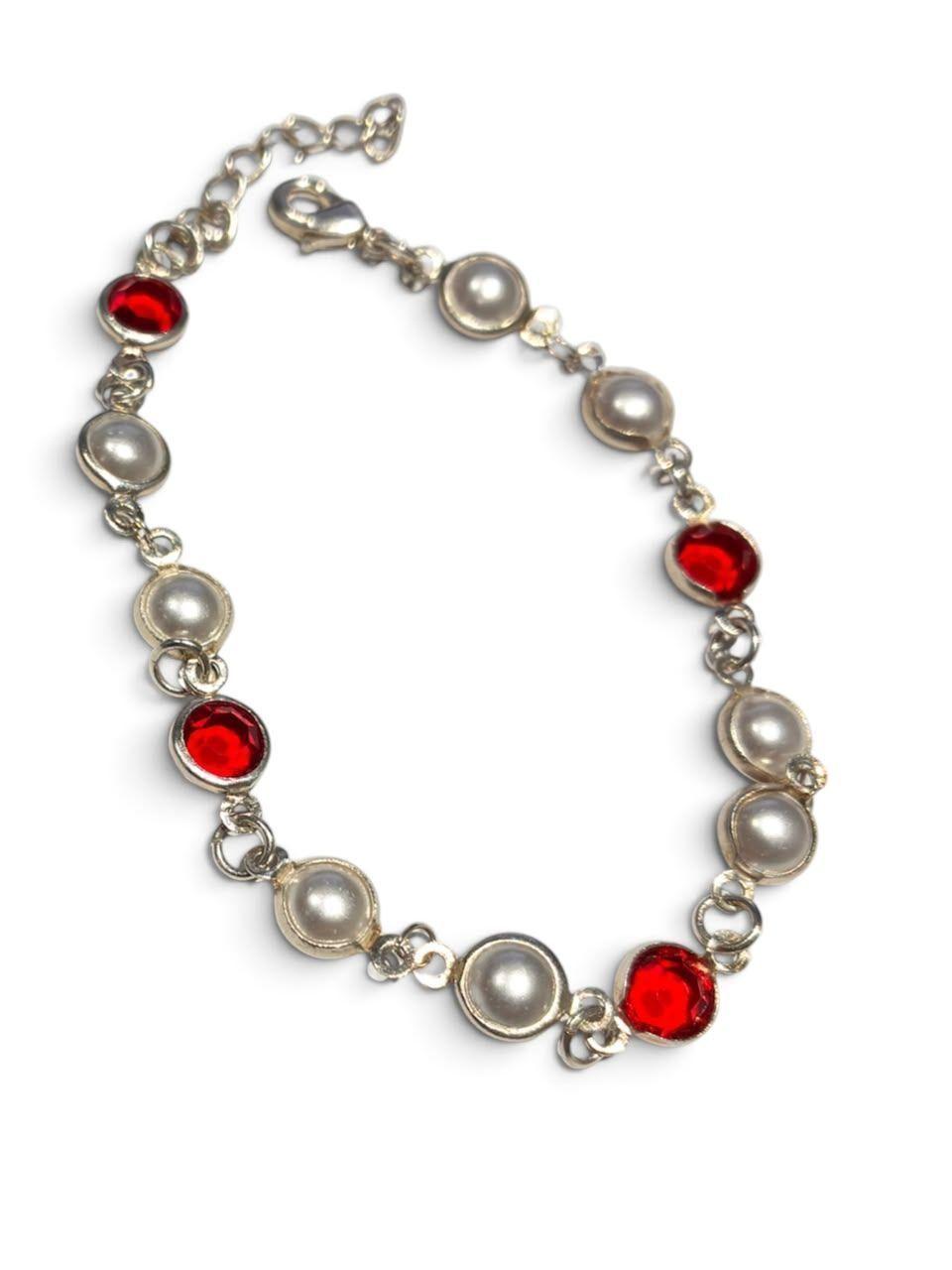 Pulsera De Plata Con Perlas Y Piedras Rojas-2
