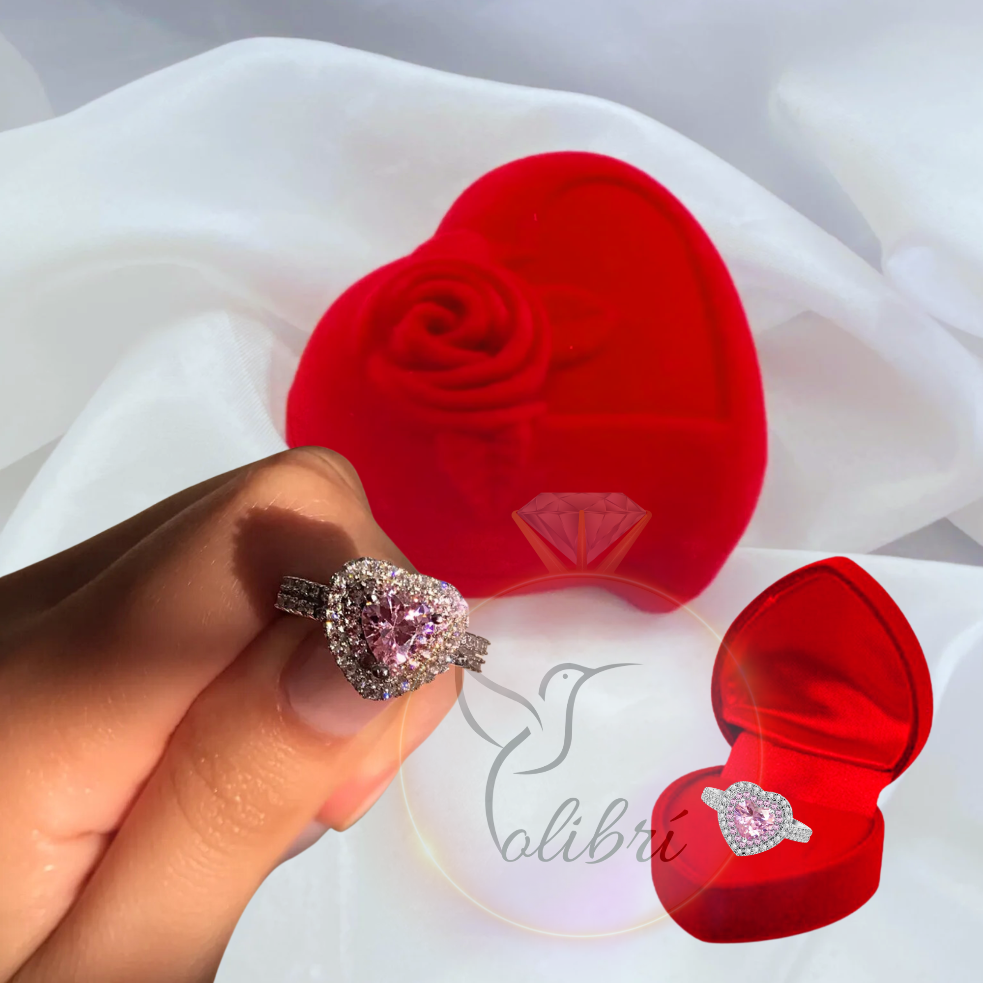 Anillo elegante con delicado diseño de corazón en pedrería imitación-2