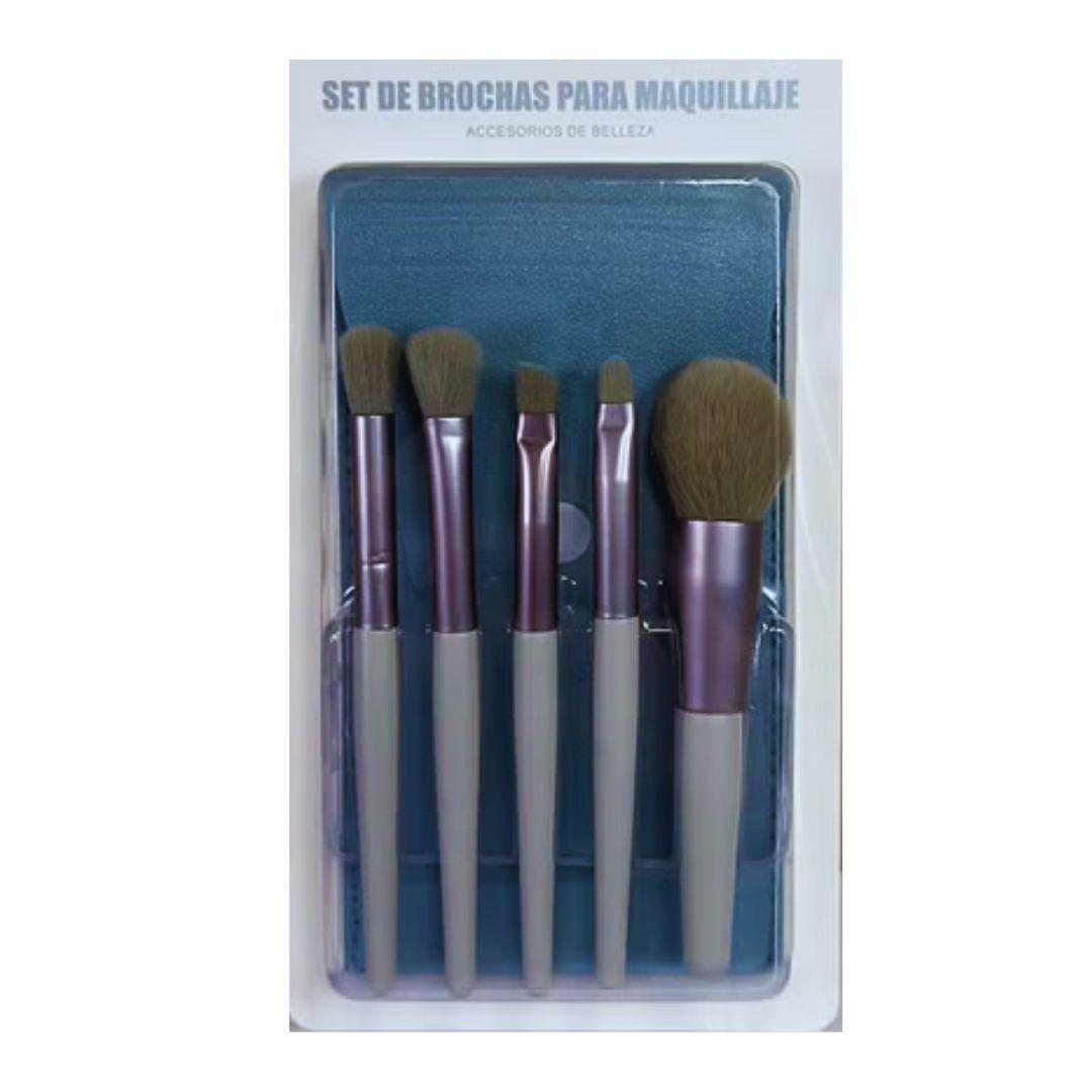 Set de 5 brochas de maquillaje de cerdas seminaturales con estuche-0